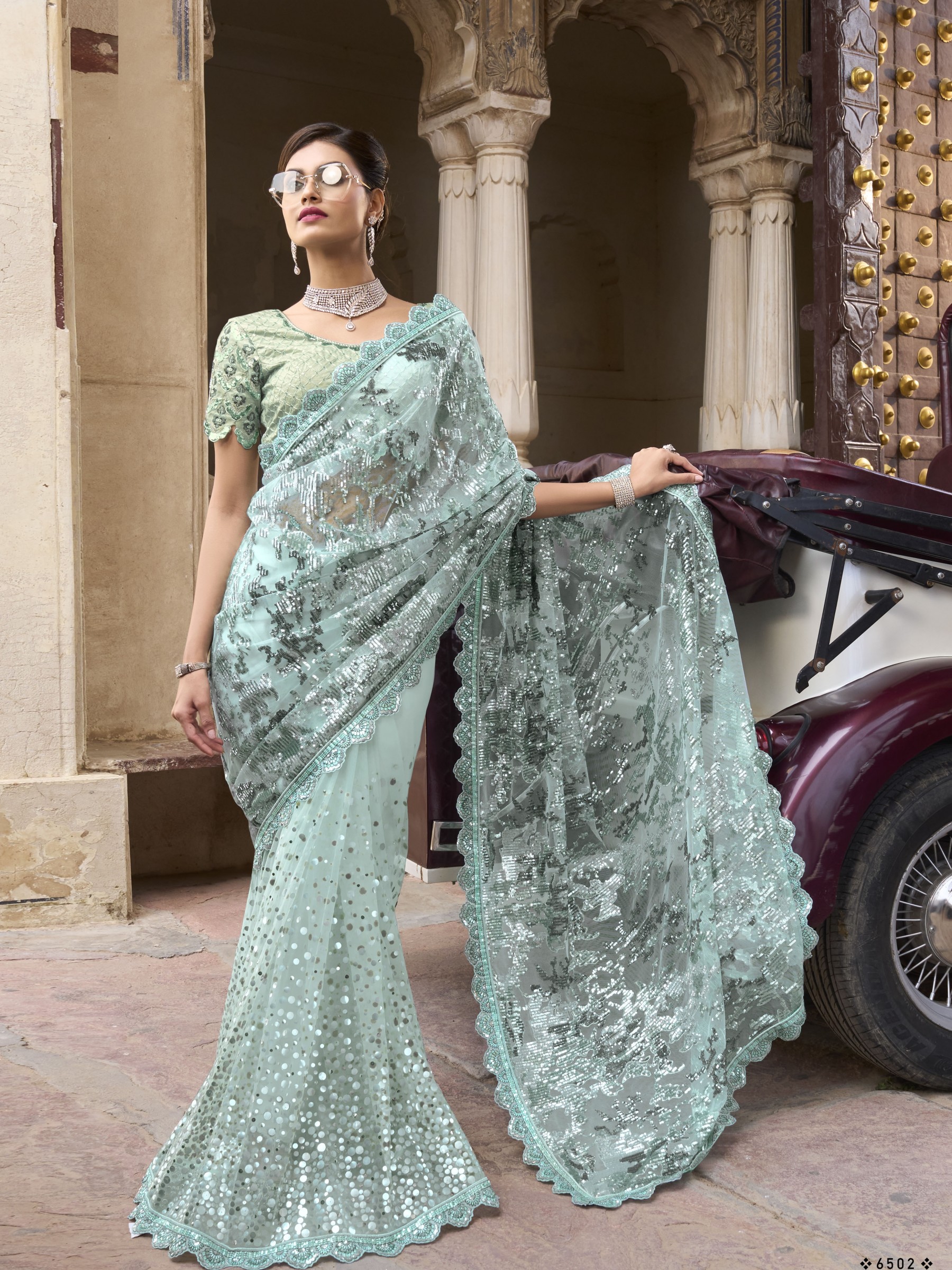 Soft Premium Net Wedding Wear Saree In Sea Green Color With Embroidery Work 