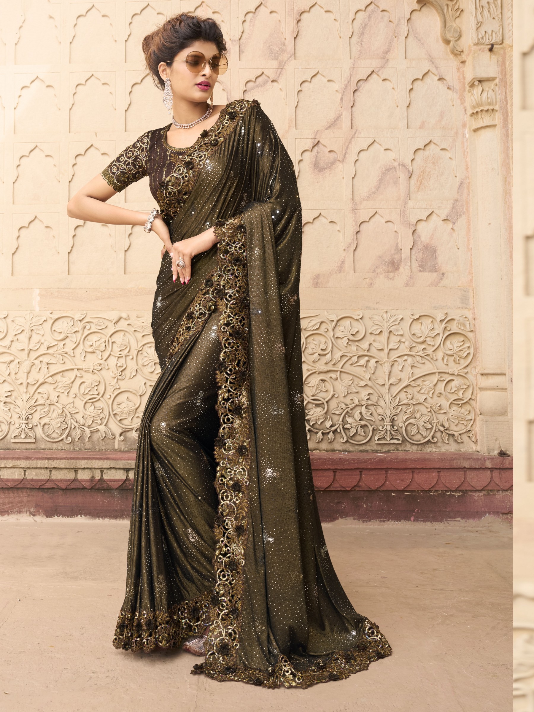 Fancy Laycra Wedding Wear Saree In Brown Color With Embroidery Work 