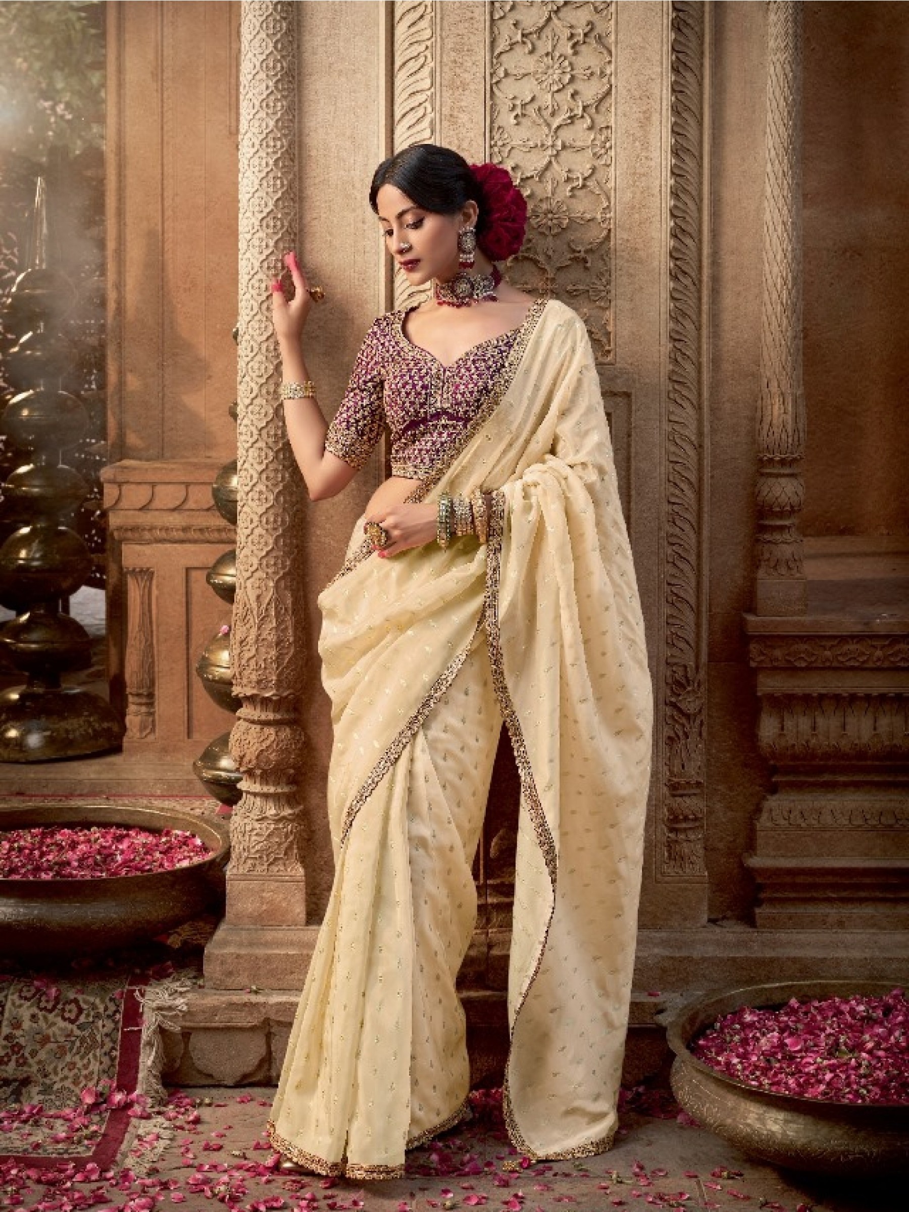 Pure Viscose Crepe Silk Silk Party wear Saree In Cream Color with Embroidery Work