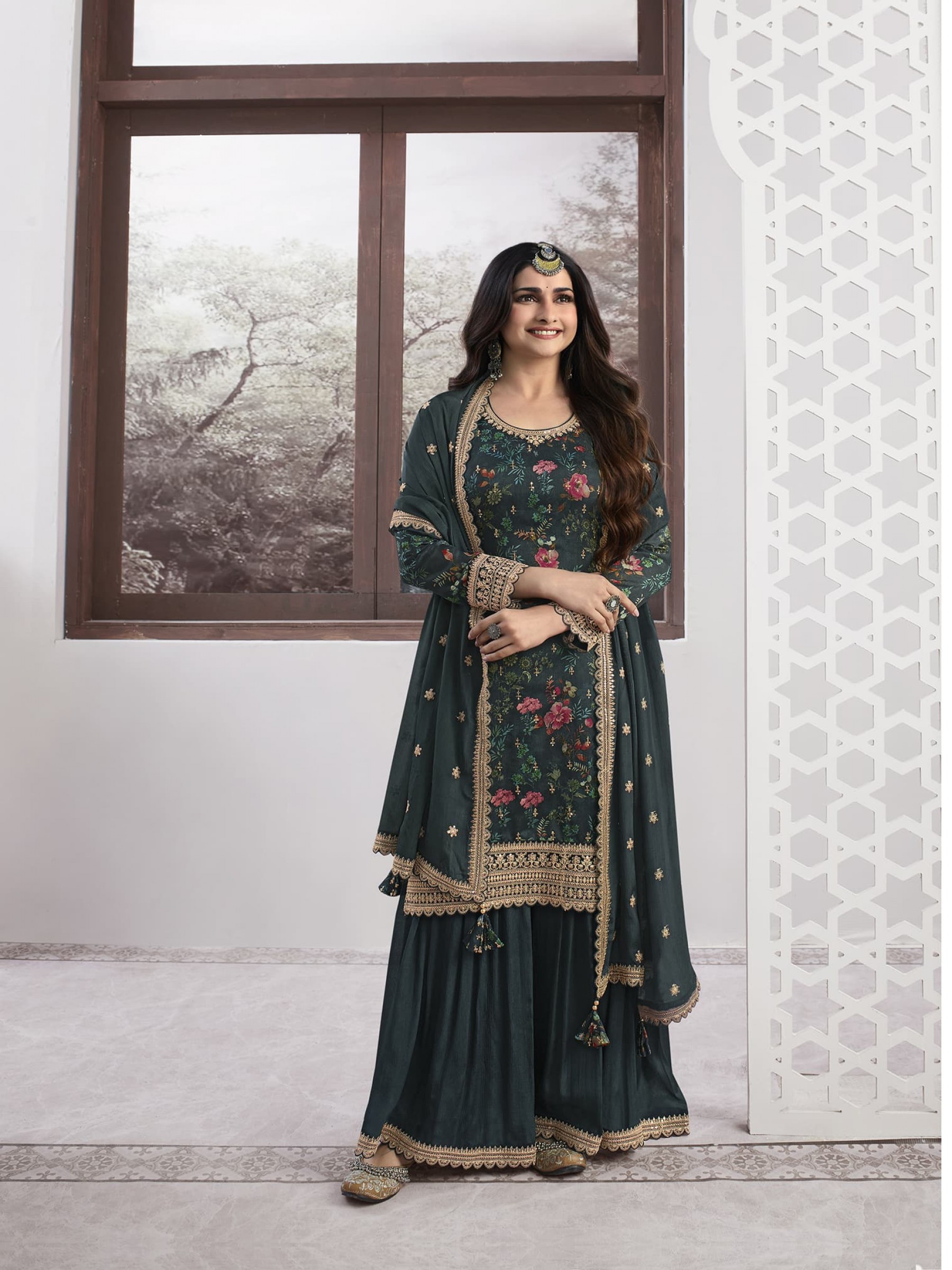 Pure Georgette  Party Wear  Sharara in Green Color with  Embroidery Work