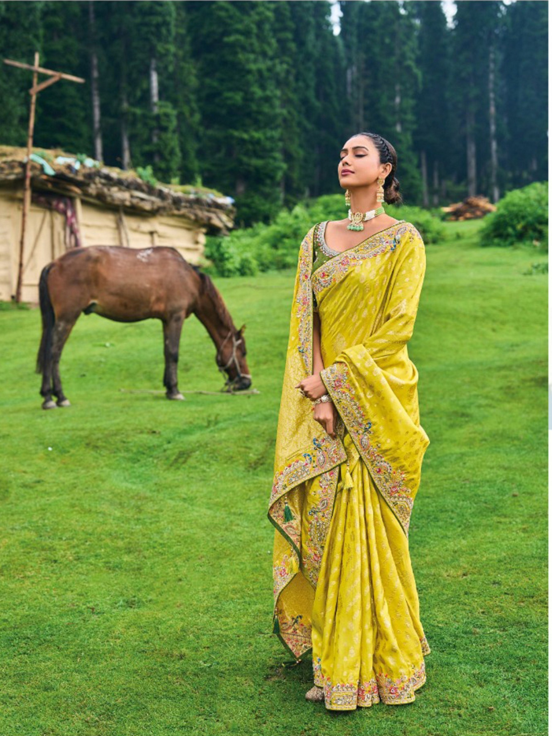 Pure Dola Silk Saree In Yellow  Color With Embroidery Work