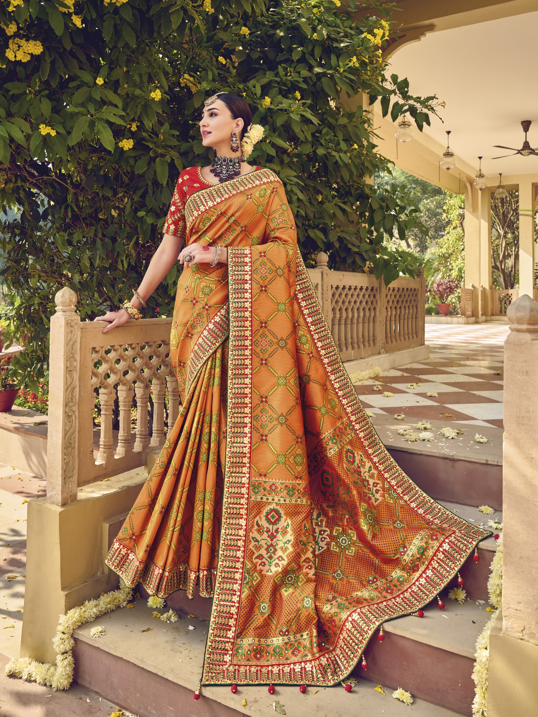 Pure Patola Silk   Saree Mustard Color With Embroidery Work
