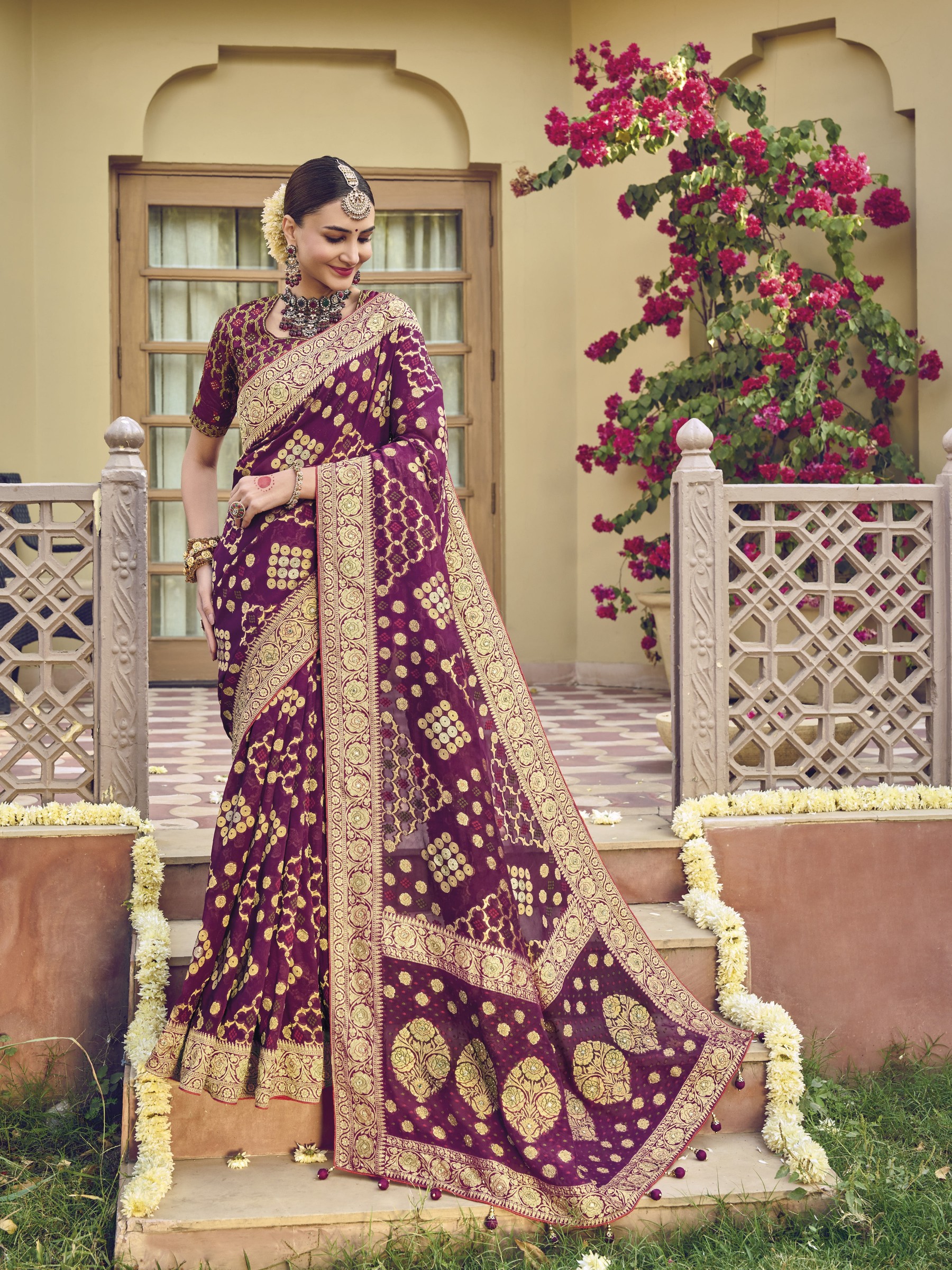 Pure Georgette Viscose Silk   Saree Purple Color With Embroidery Work