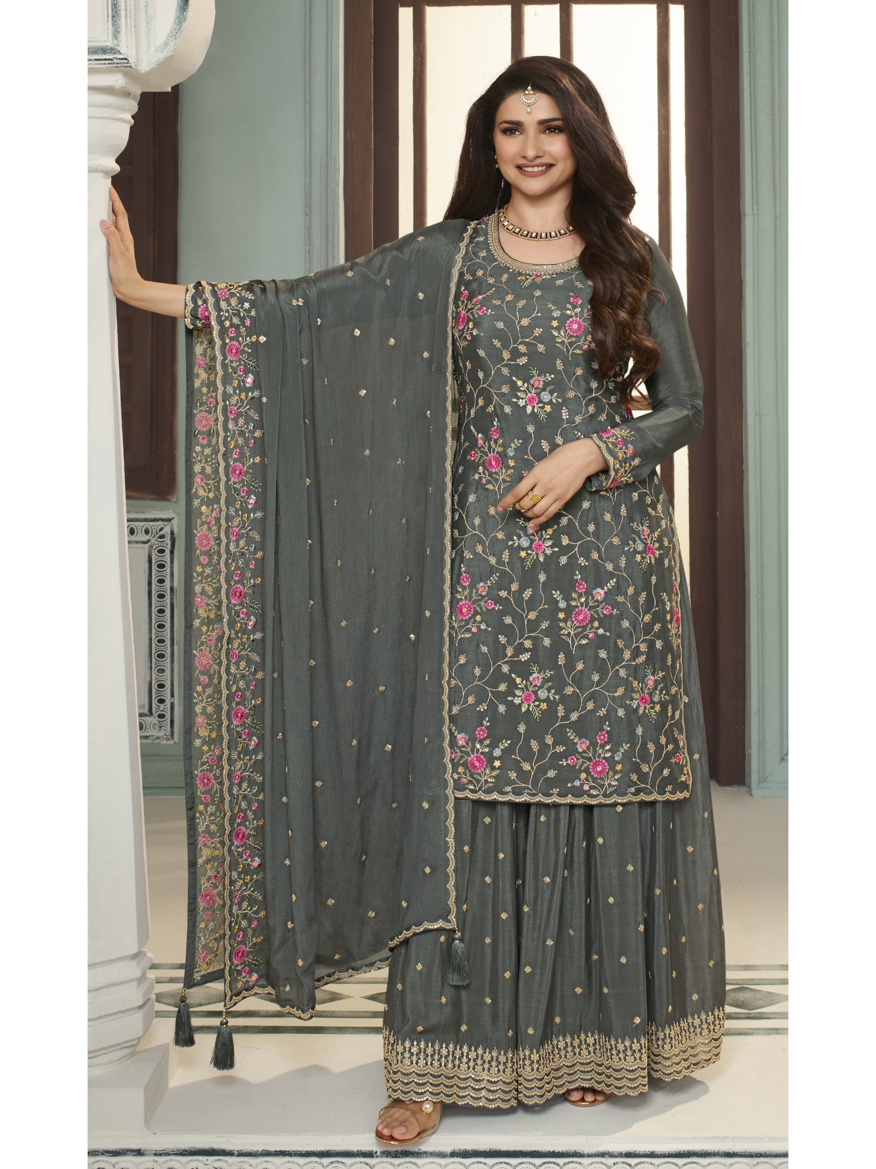 Pure Chinon Party Wear  Sharara in Grey Color with  Embroidery Work