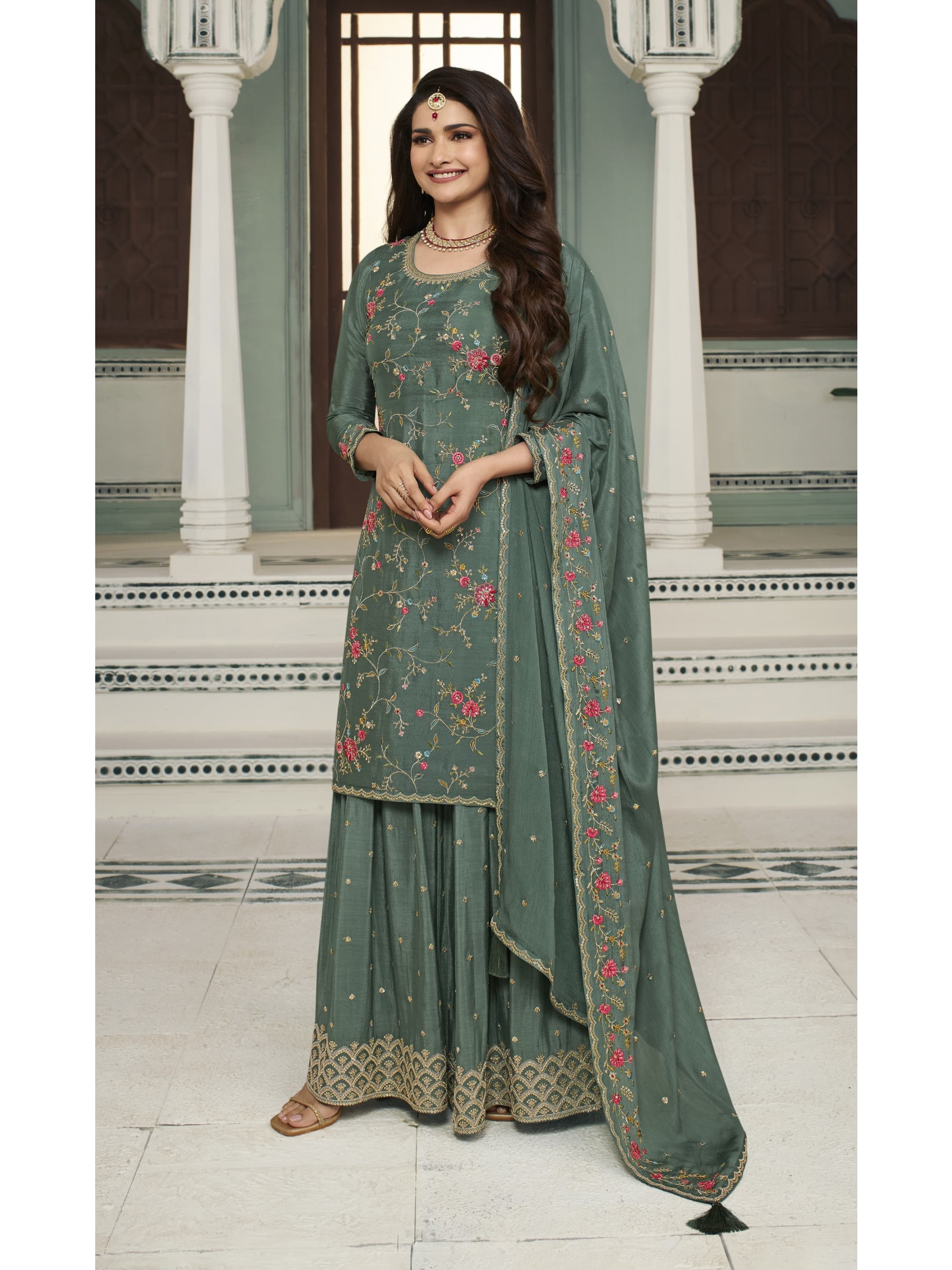 Pure Chinon Party Wear  Sharara in Teal Green Color with  Embroidery Work
