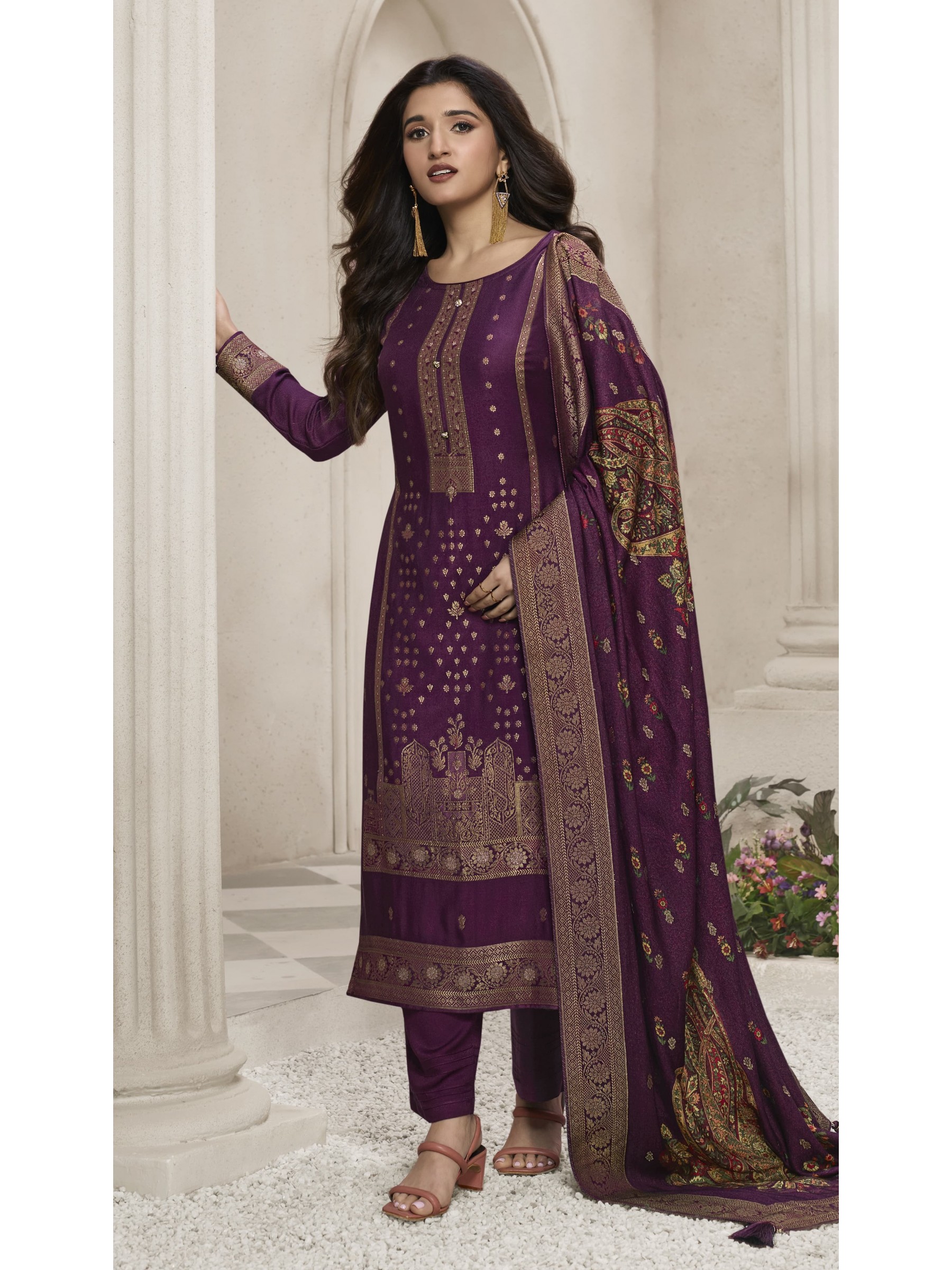 Viscose Pashmina Party Wear  Suit in Wine Color 