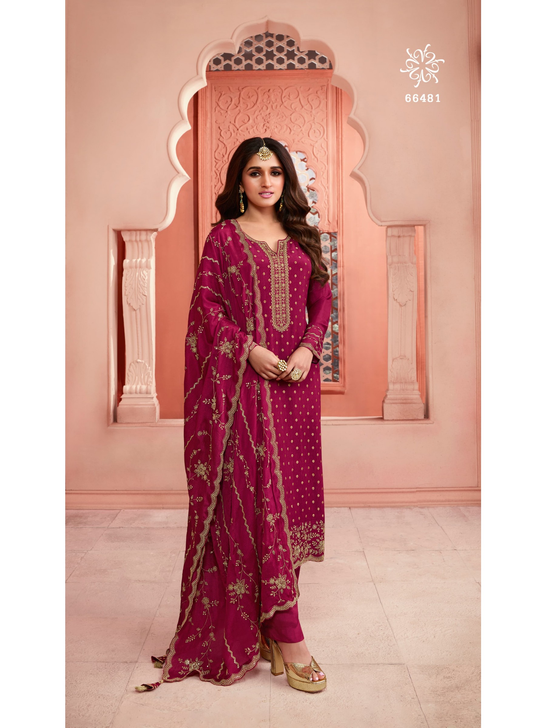 Pure Dola Jacquard Silk Party Wear Suit in Magenta Color with Embroidery Work