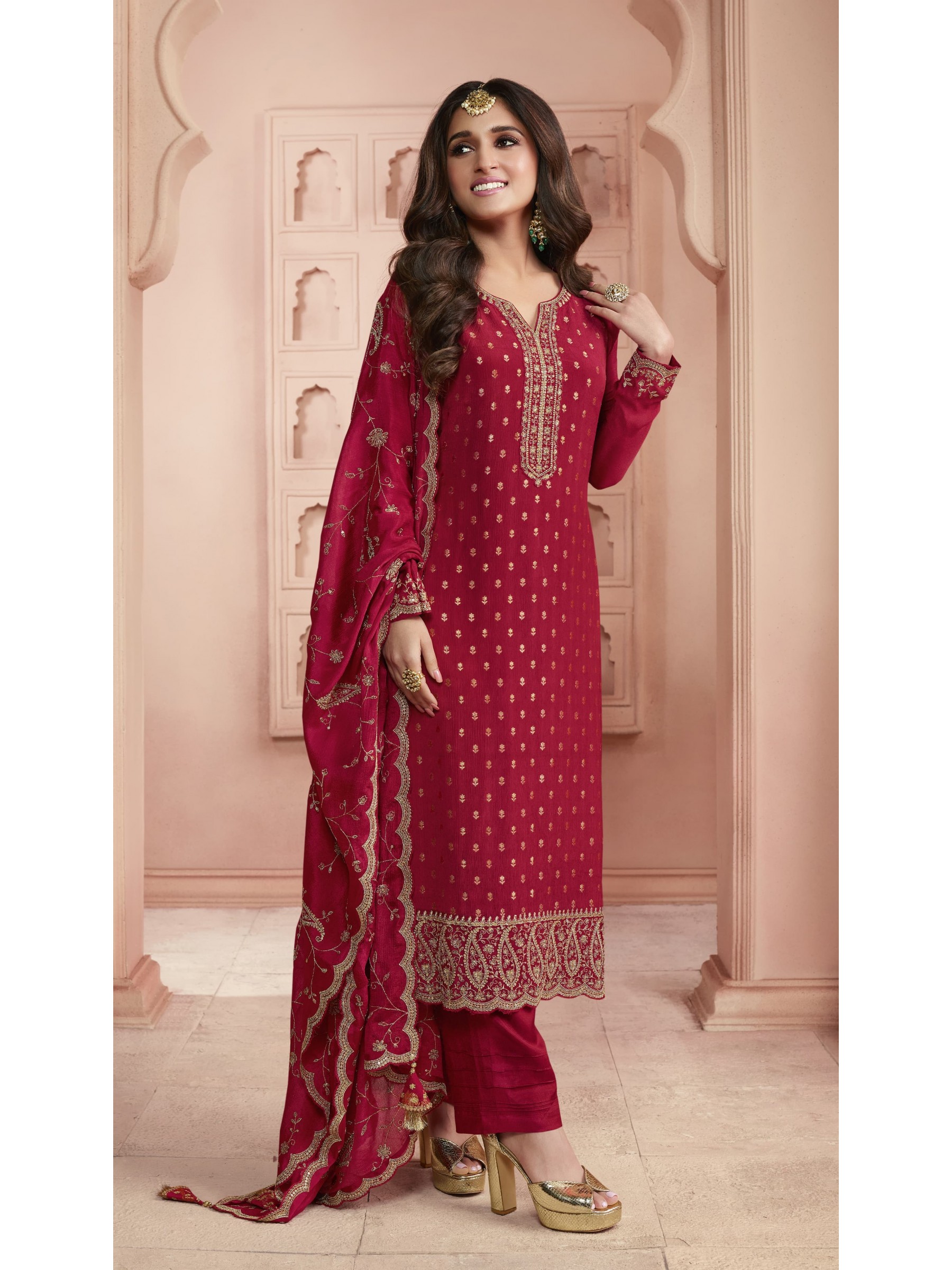 Pure Dola Jacquard Silk Party Wear Suit in Red Color with Embroidery Work