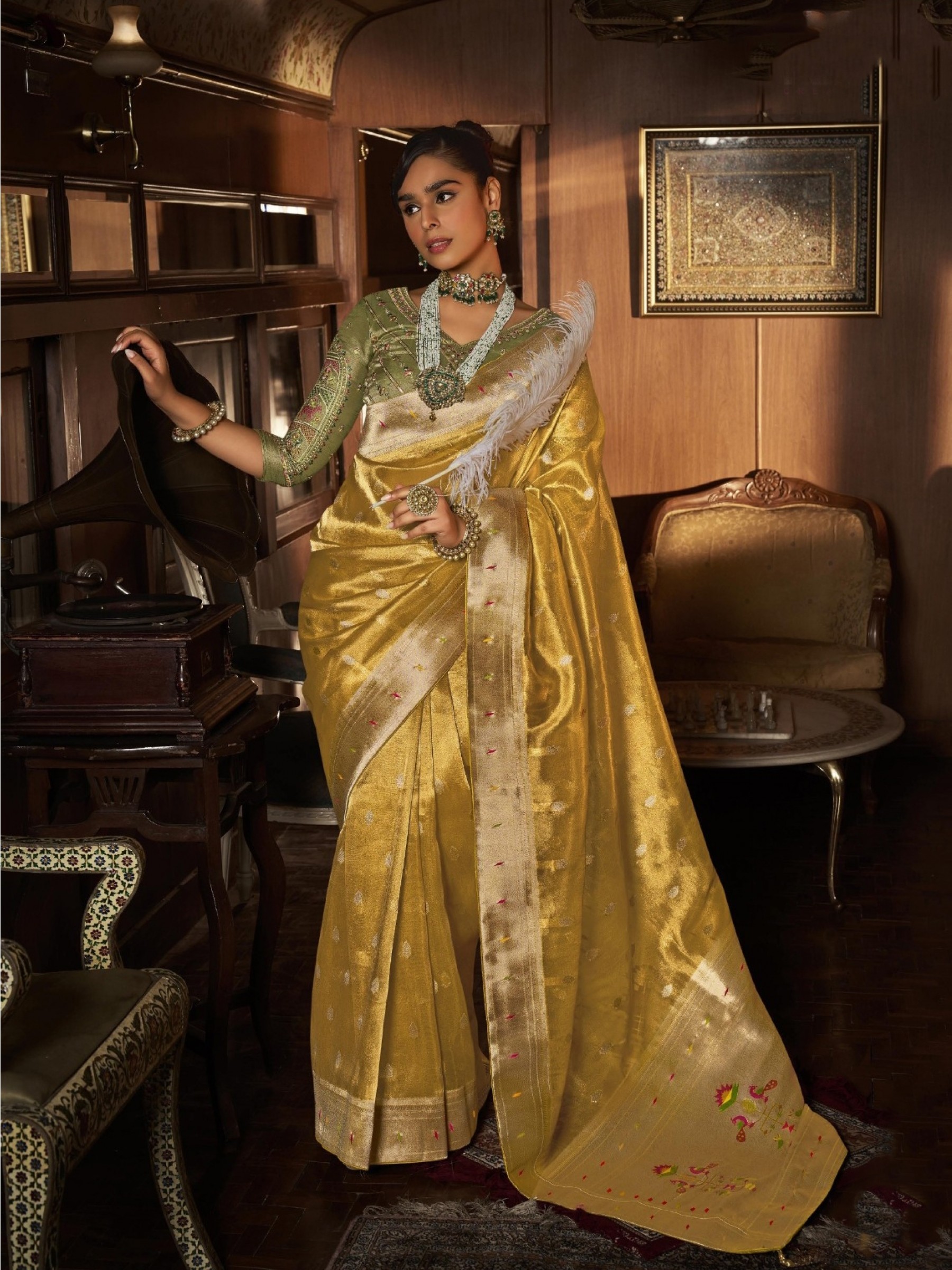 Pure Tissue Silk Party wear Saree In Yellow Color with Embroidery Work 