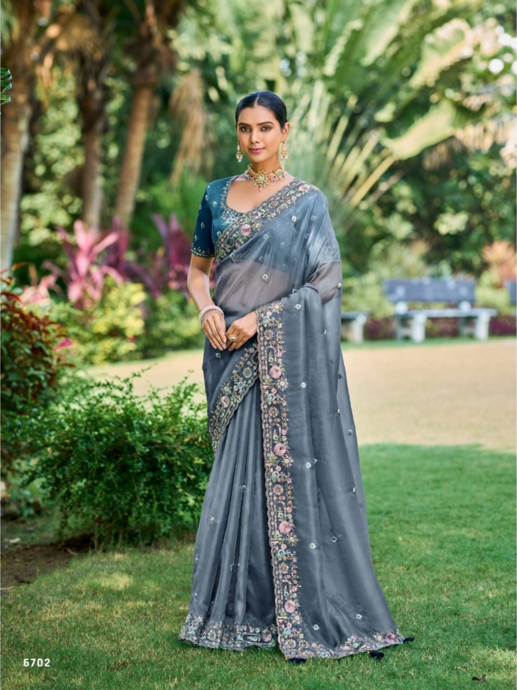 Pure  Silk Saree In Grey Color With Embroidery Work