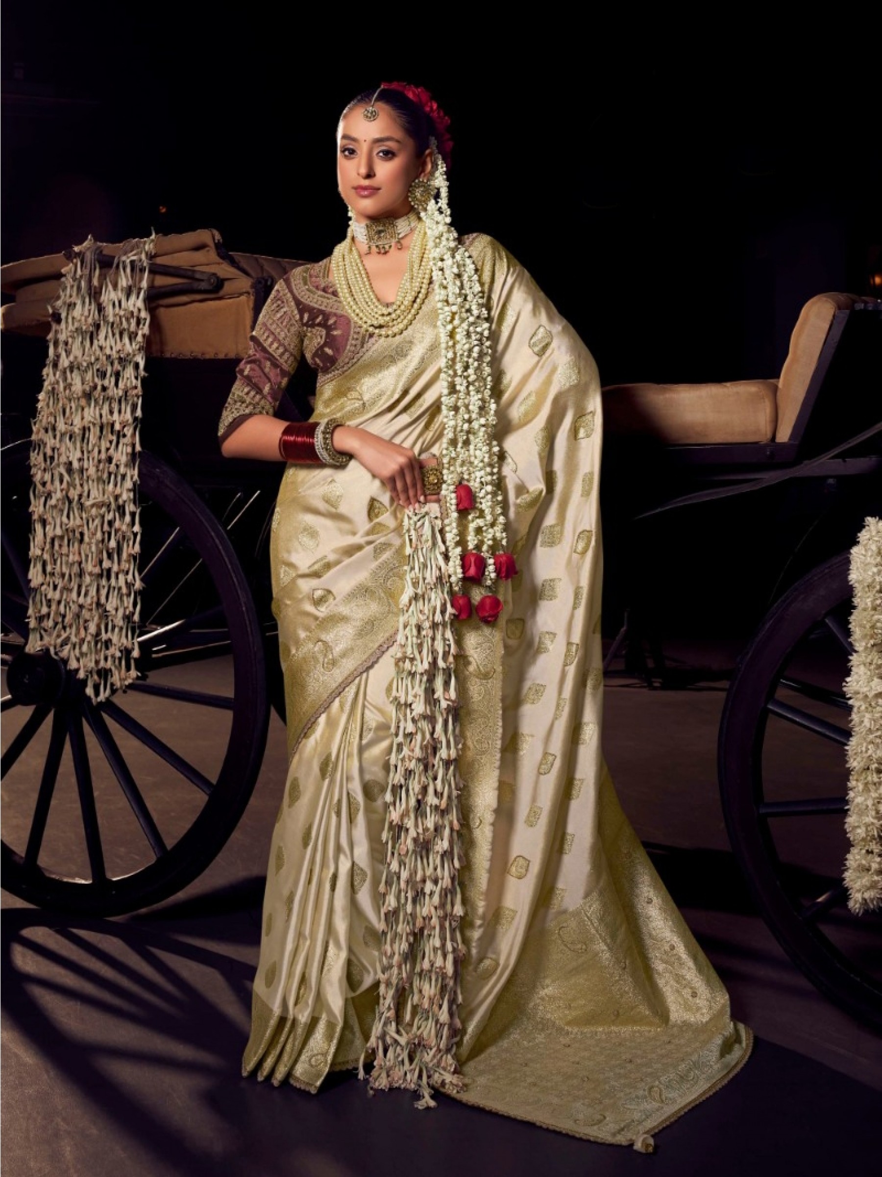 Pure Dola Silk Party wear Saree In Light Cream Color with Embroidery Work 
