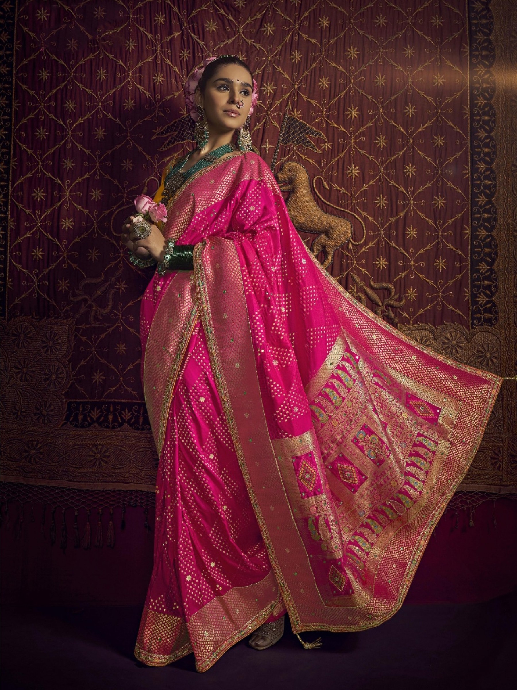 Pure Dola Silk Party wear Saree In Pink Color with Hand Work 