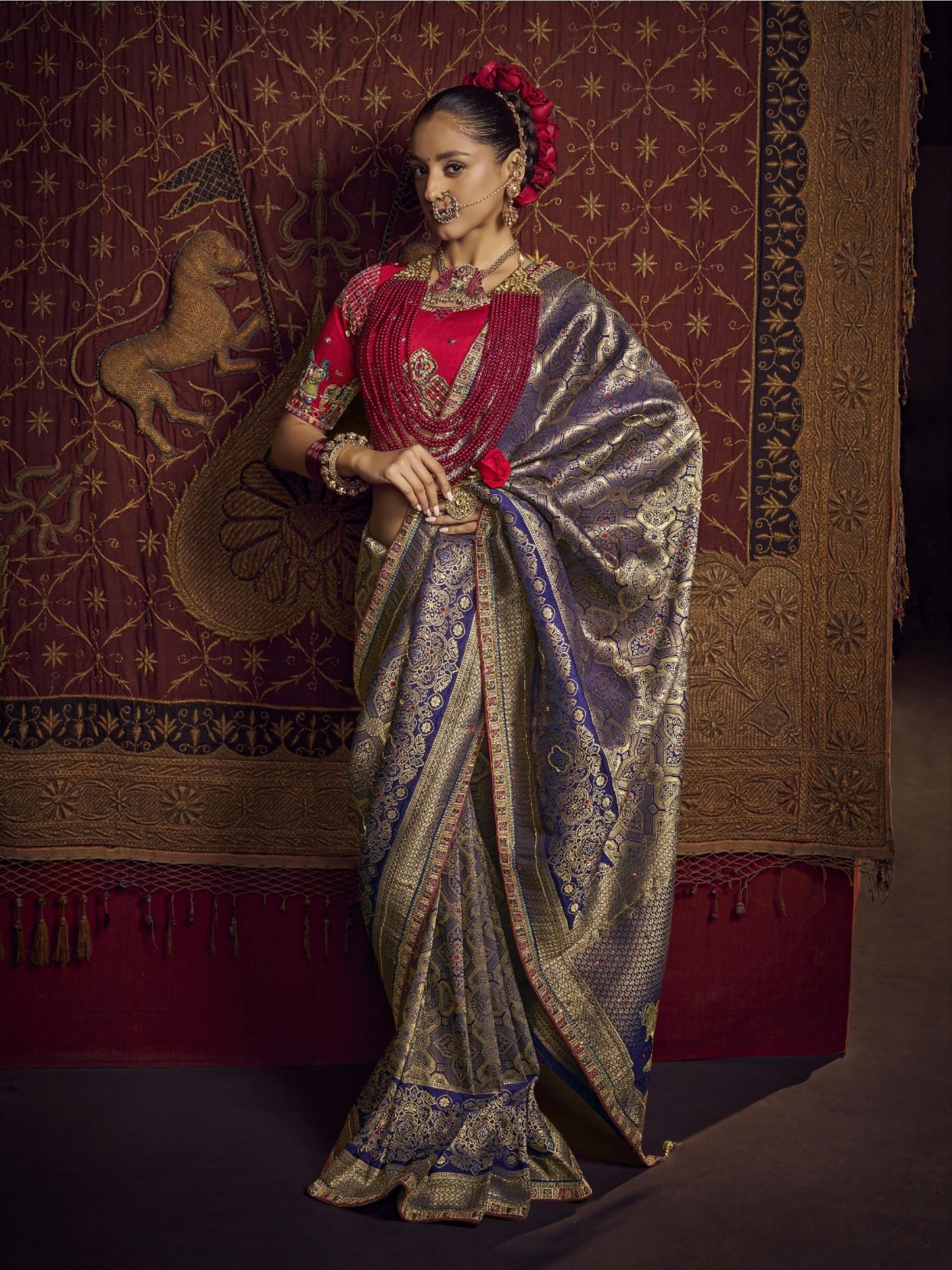 Pure Dola Silk Party wear Saree In Blue Color with Hand Work 