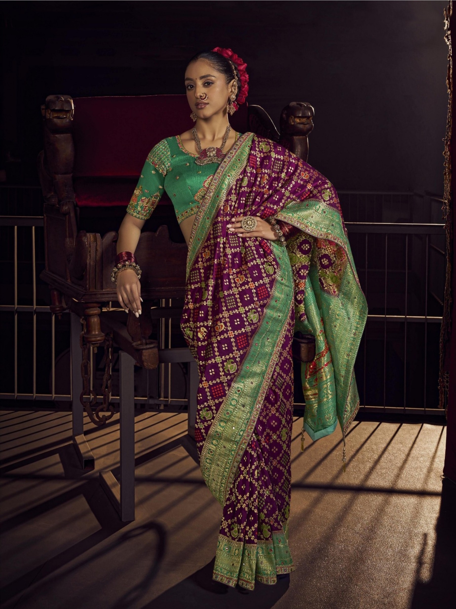 Pure Dola Silk Party wear Saree In Purple Color with Hand Work 