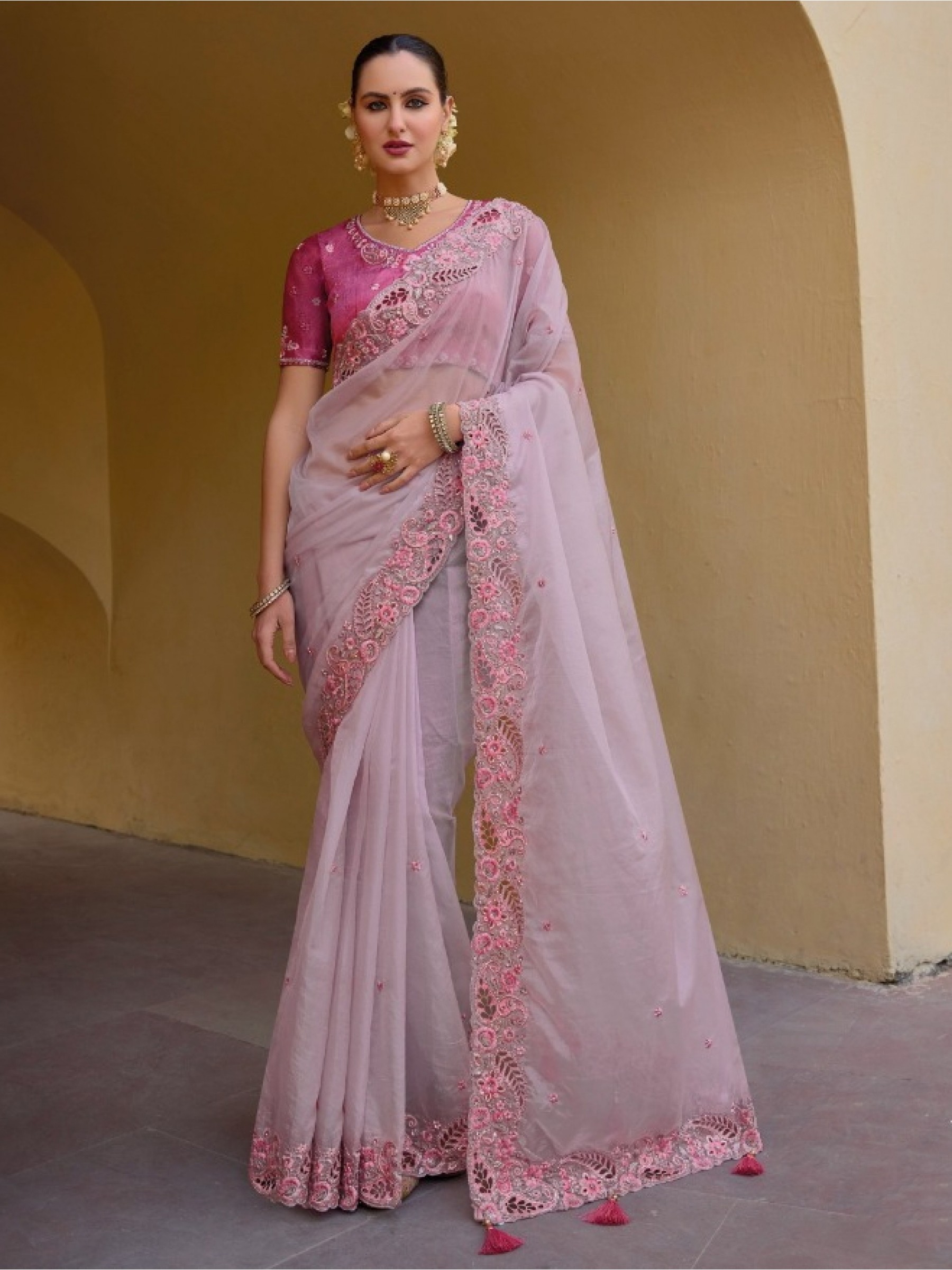 Pure  Silk Saree In Pink Color With Embroidery Work