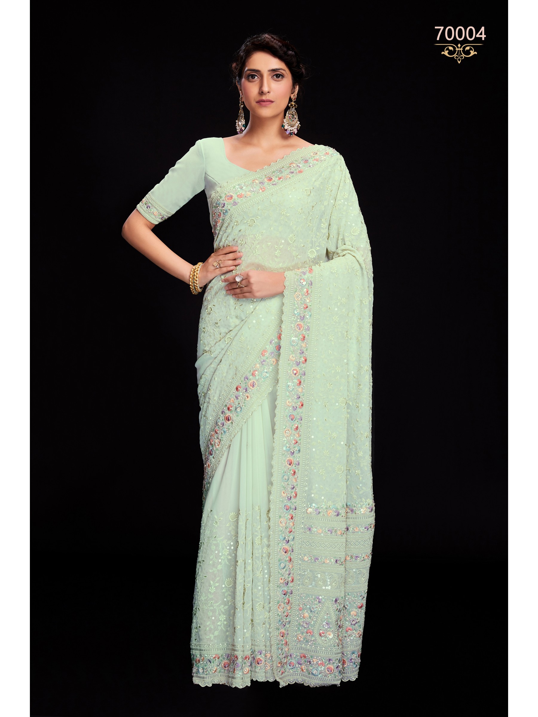Soft Georgette  Saree In Pale Green Color With Embroidery Work
