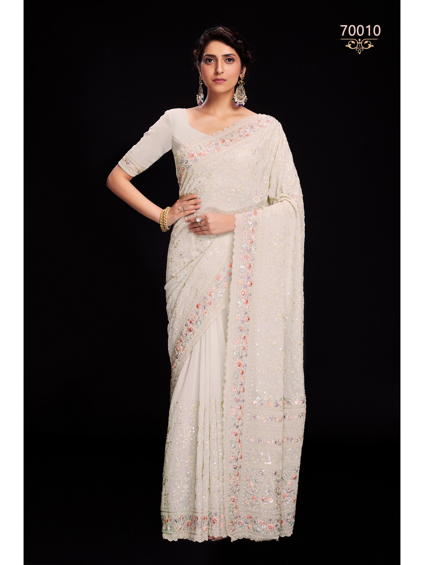 Soft Georgette  Saree In White Color With Embroidery Work
