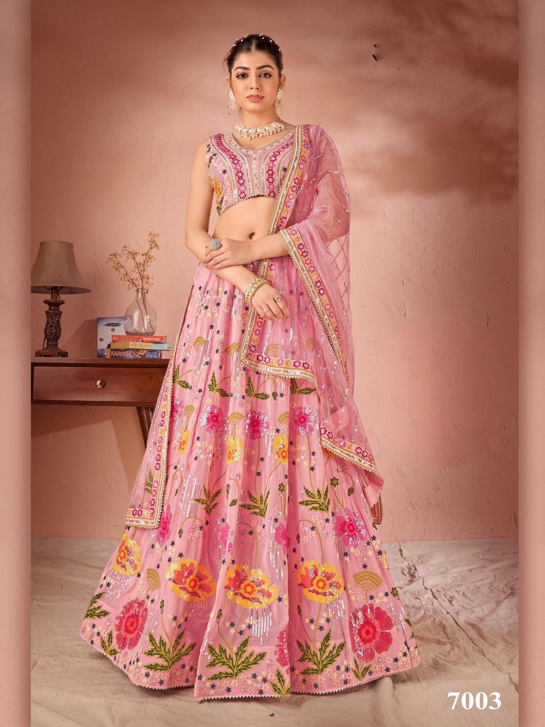 Pure Georgette Party Wear Wear Lehenga In Pink With Embroidery Work 