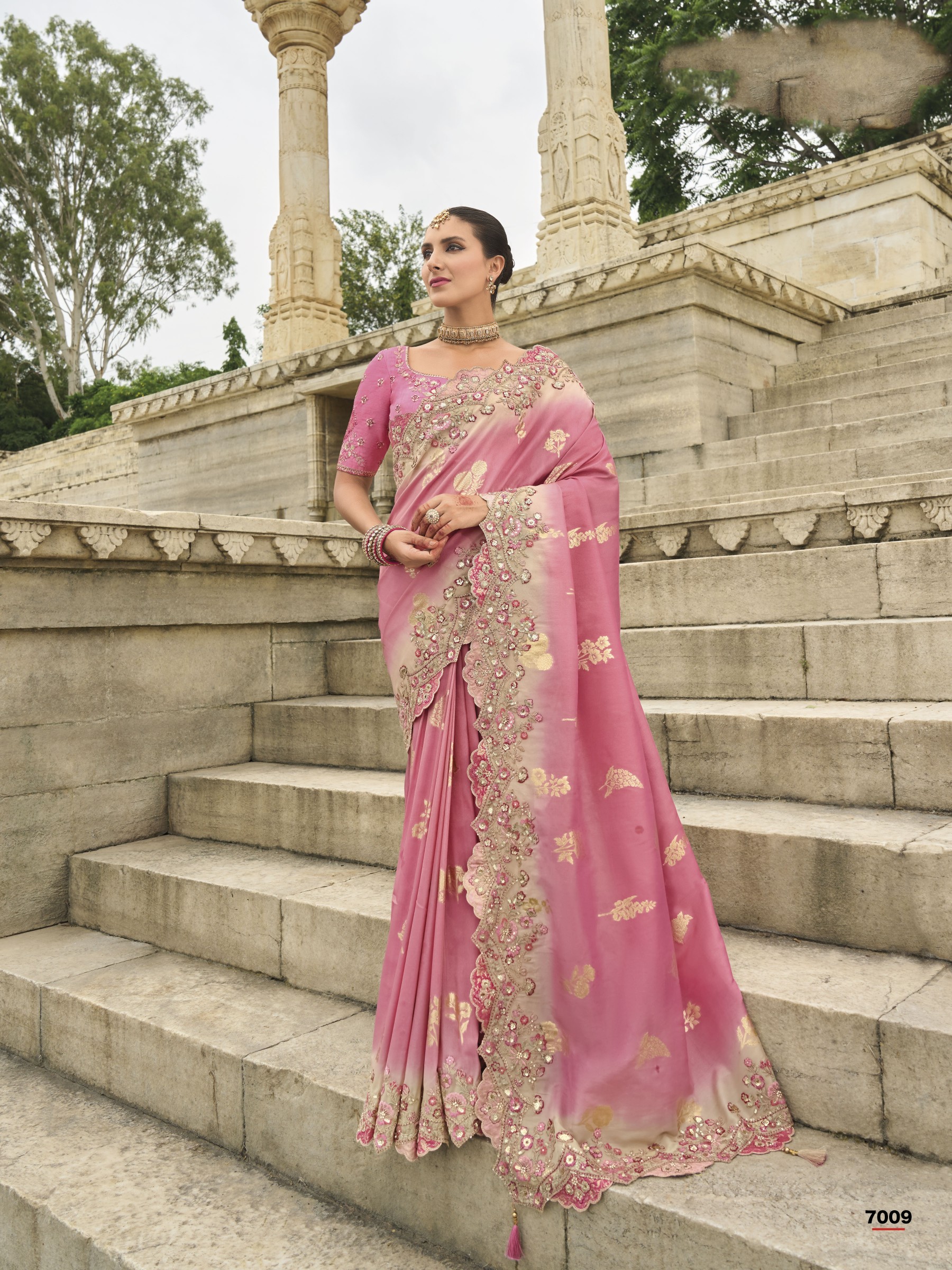 Viscose Tissue Silk Saree In Pink Color With Embroidery Work