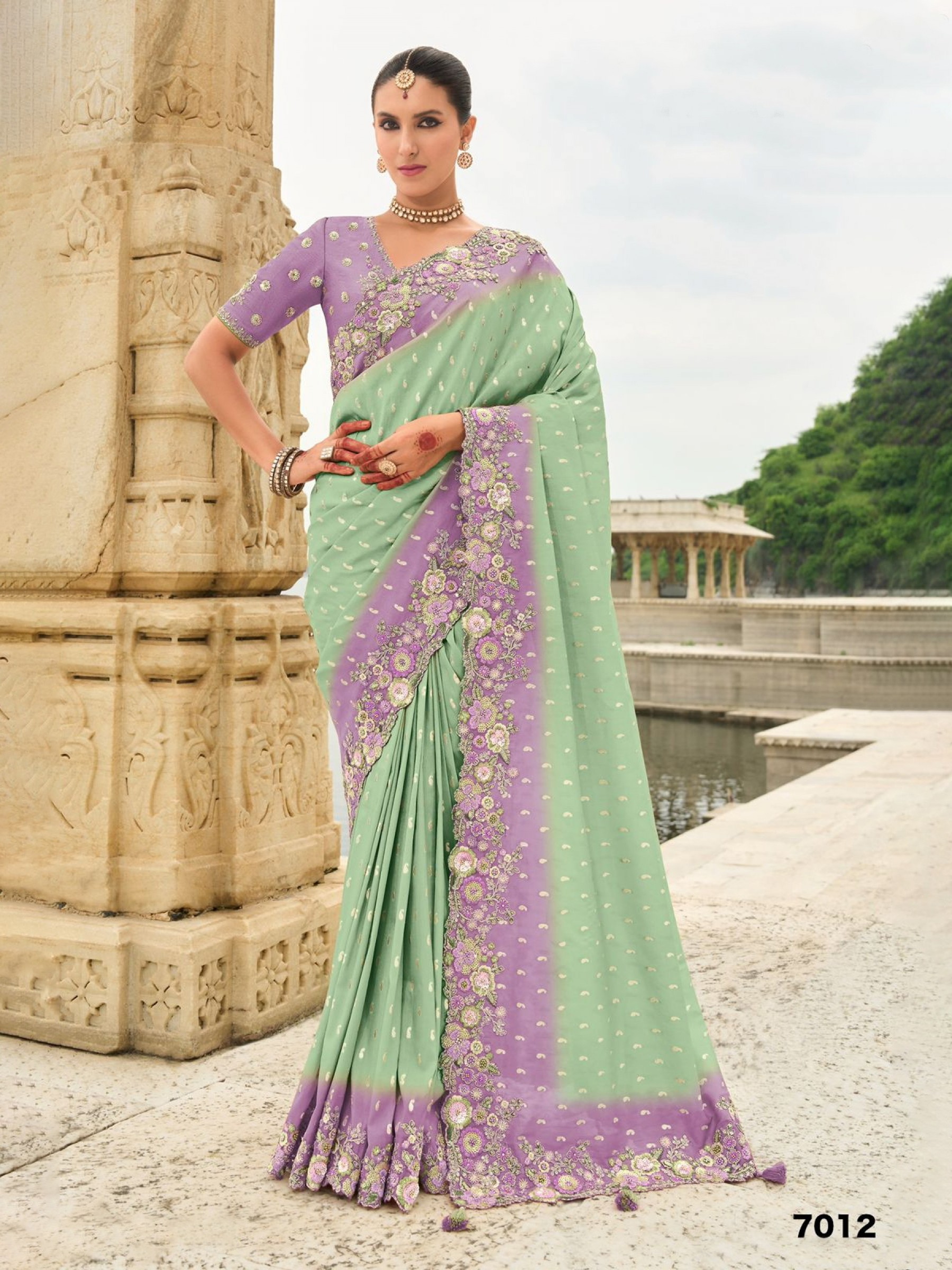 Pure Dola Silk Wedding wear Saree In Lime Green Color With Embroidery Work