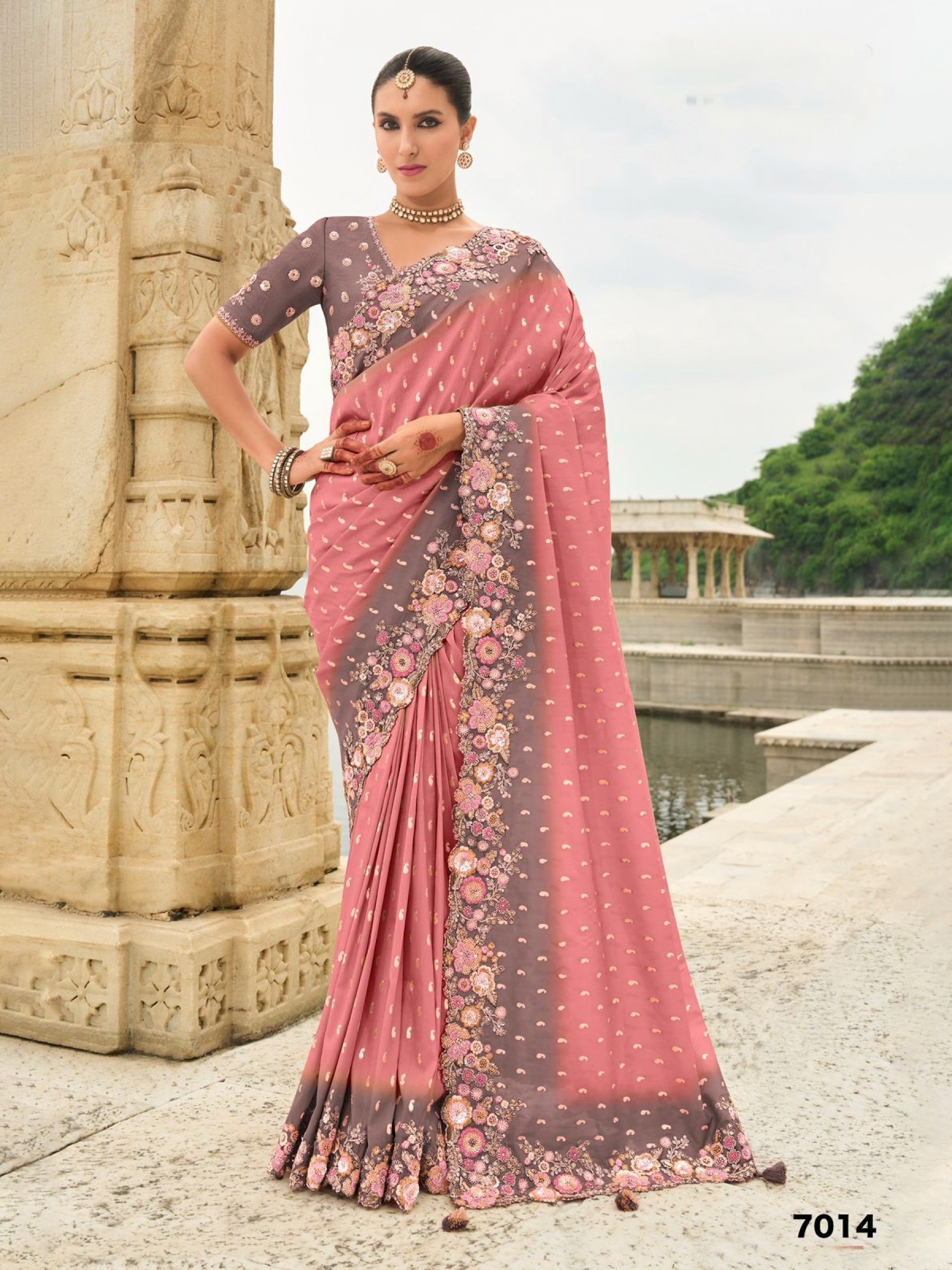 Pure Dola Silk Wedding wear Saree In Peach Color With Embroidery Work