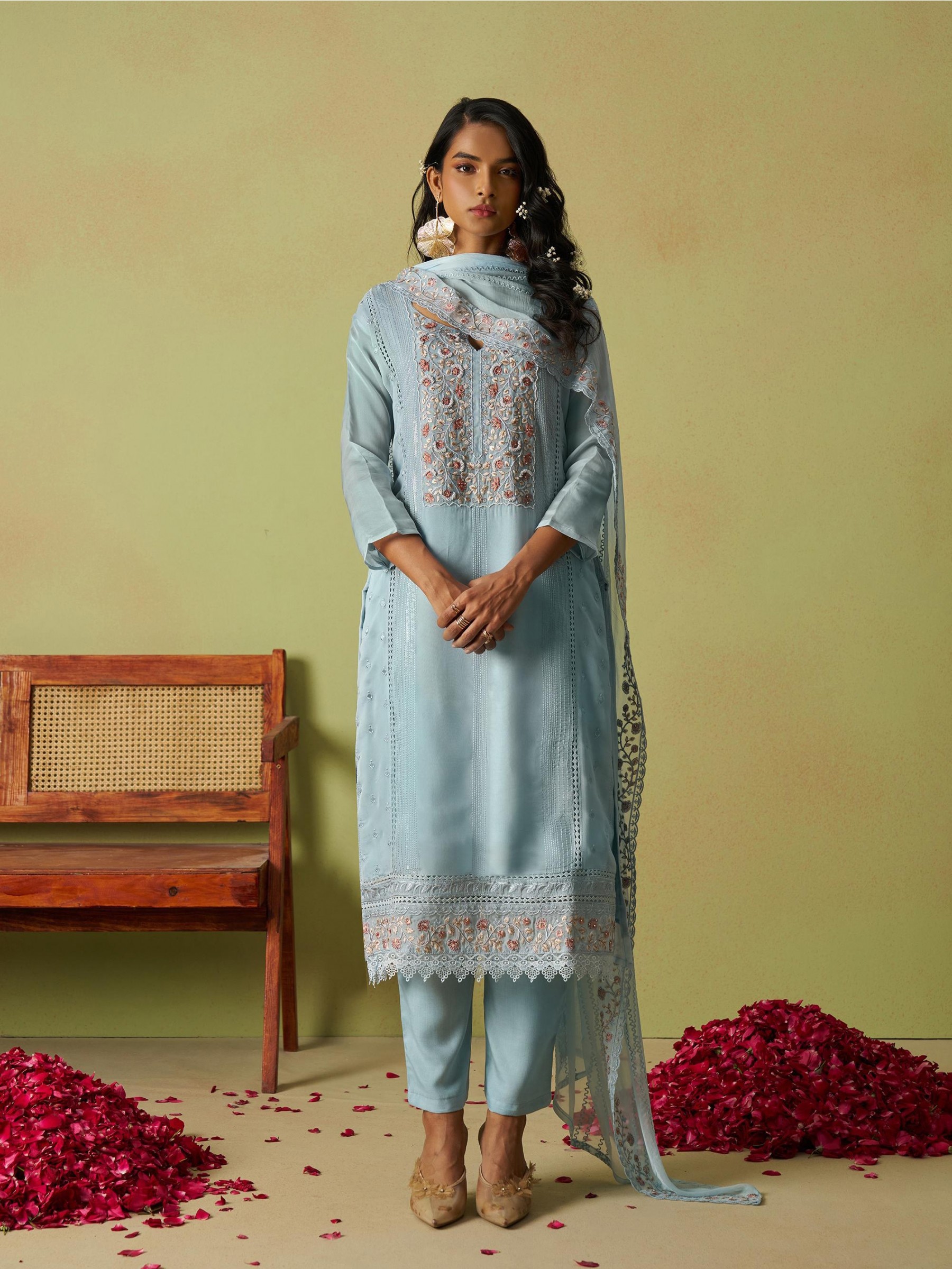 Pure Organza Silk Party Wear Suit Sky Blue Color with Embroidery work