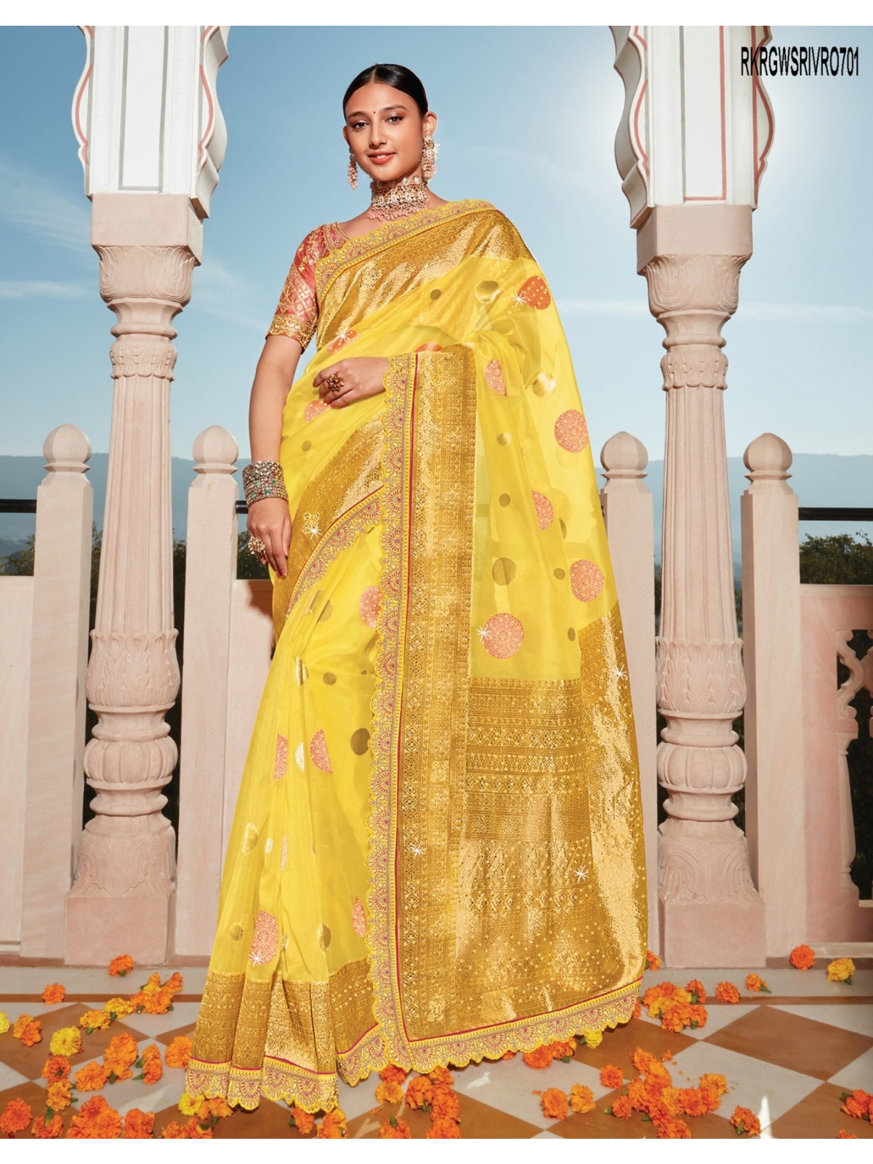 Organza Saree In Yellow Color With Embroidery Work