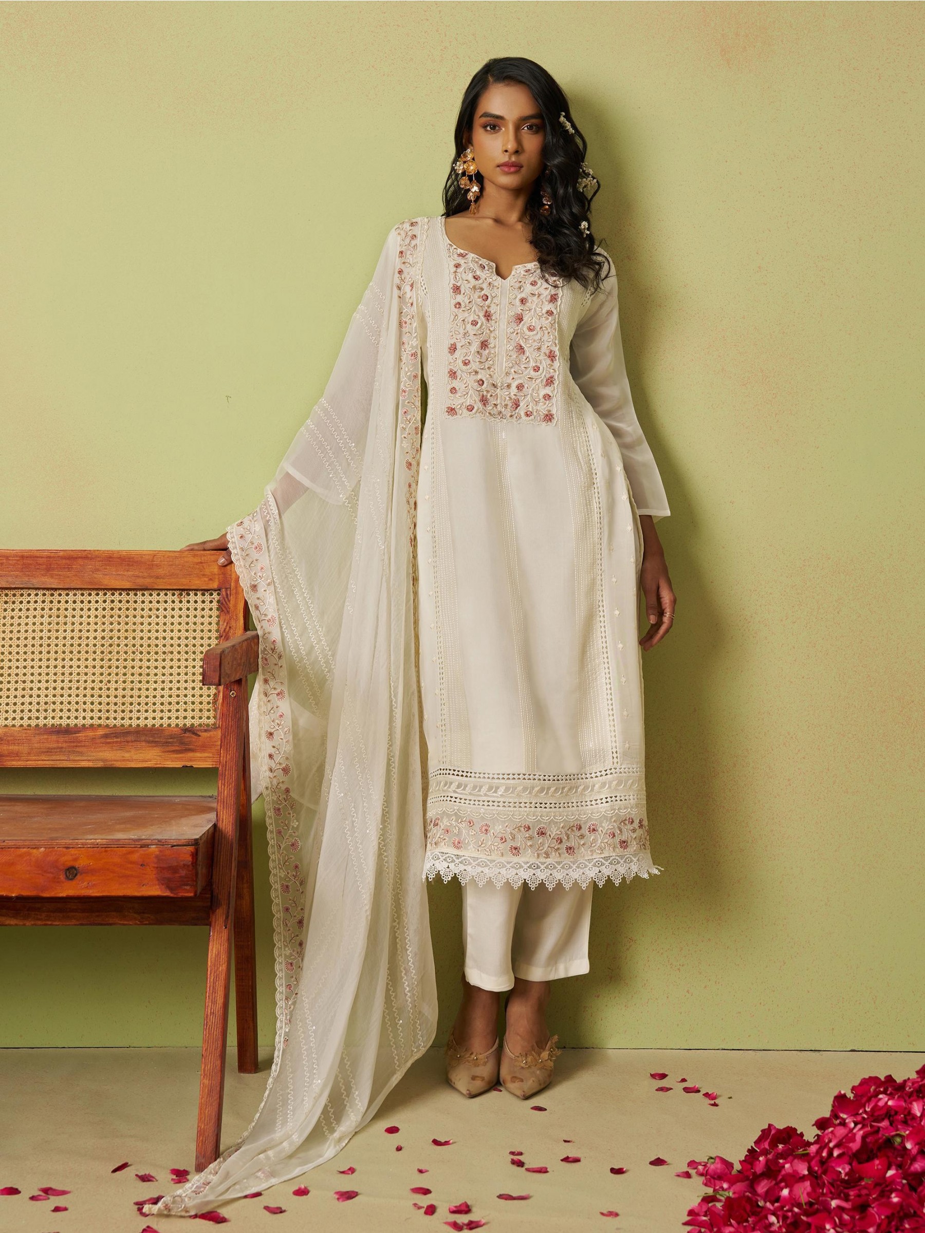 Pure Organza Silk Party Wear Suit Off White Color with Embroidery work