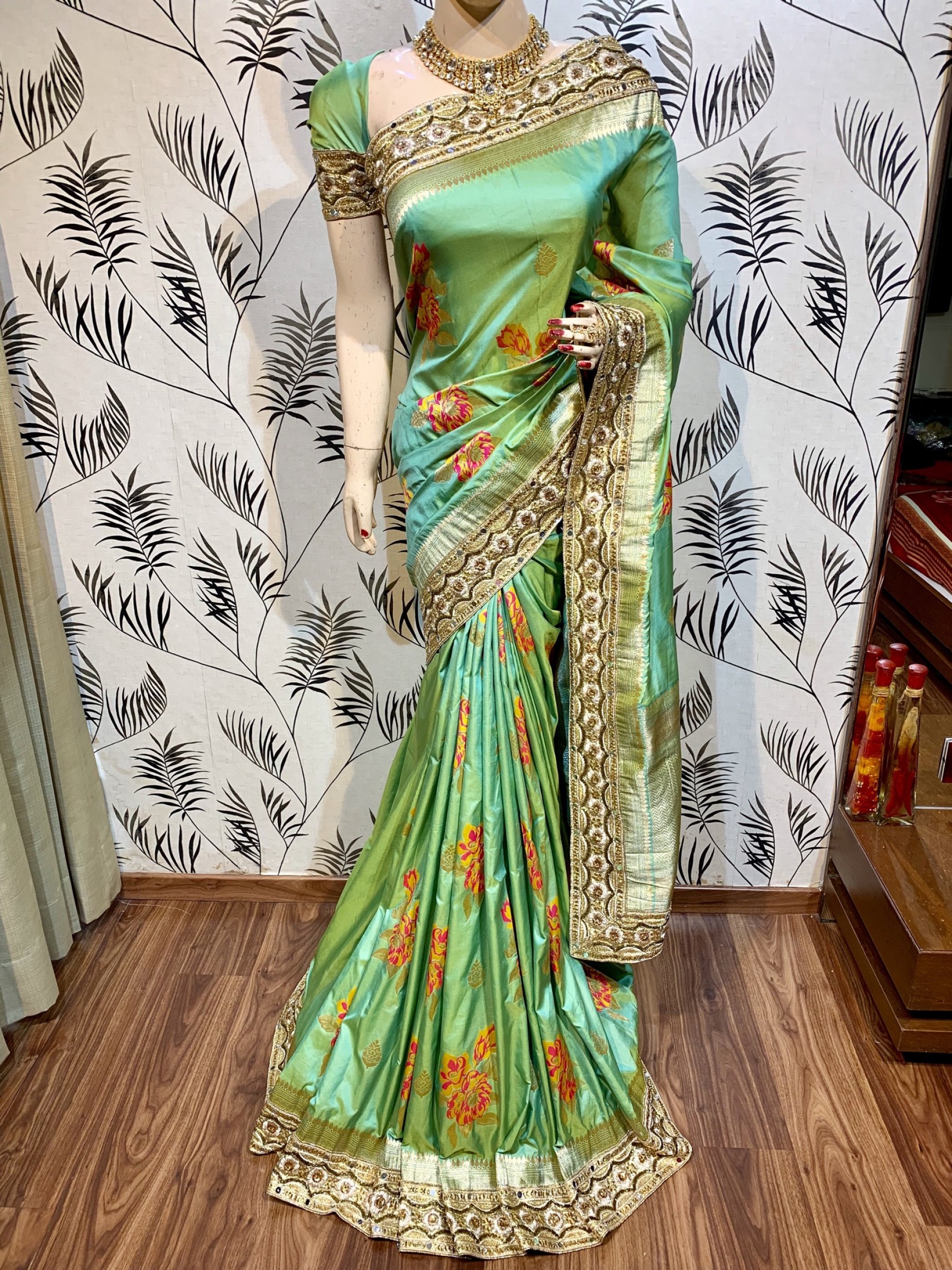 Banarasi Silk Party Wear Saree In Green WIth Embroidery Work & Crystal Stone work   