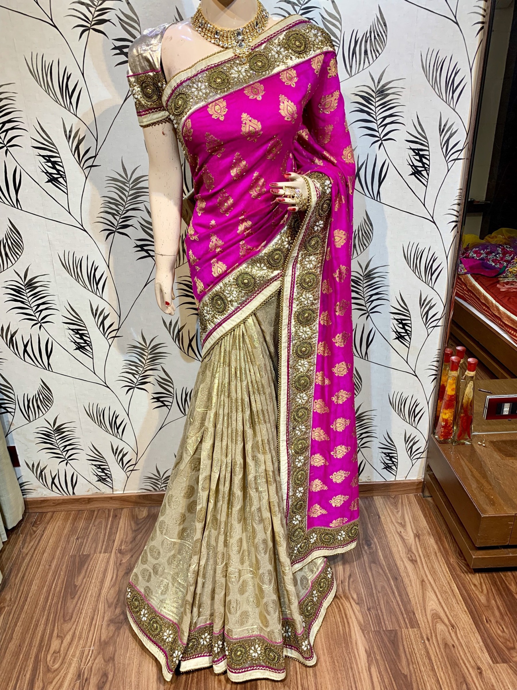 Viscose Silk Party Wear Saree In Pink WIth Embroidery Work & Crystal Stone work   