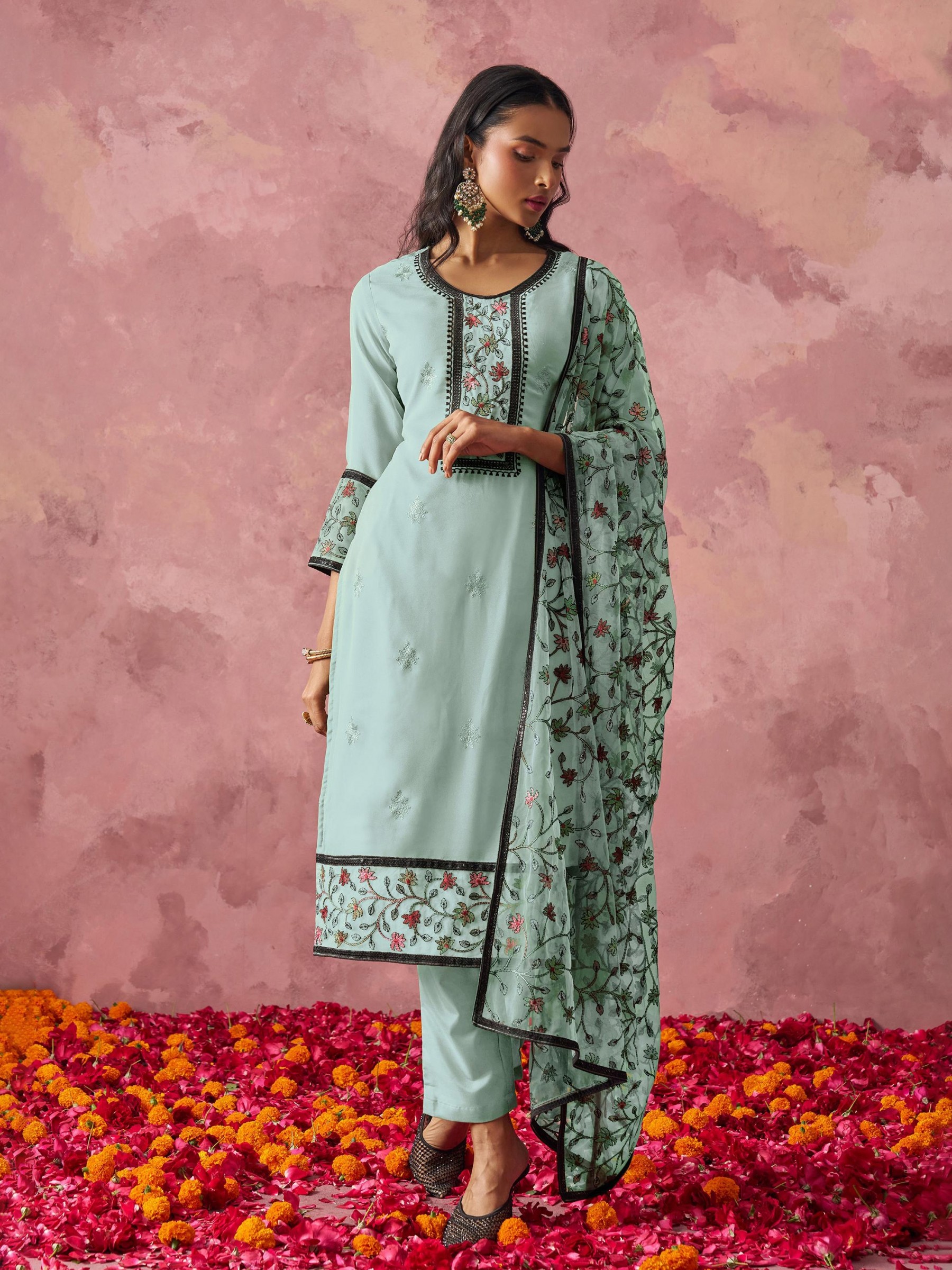 Georgette Party Wear Suit In Sea Blue Color with Embroidery work
