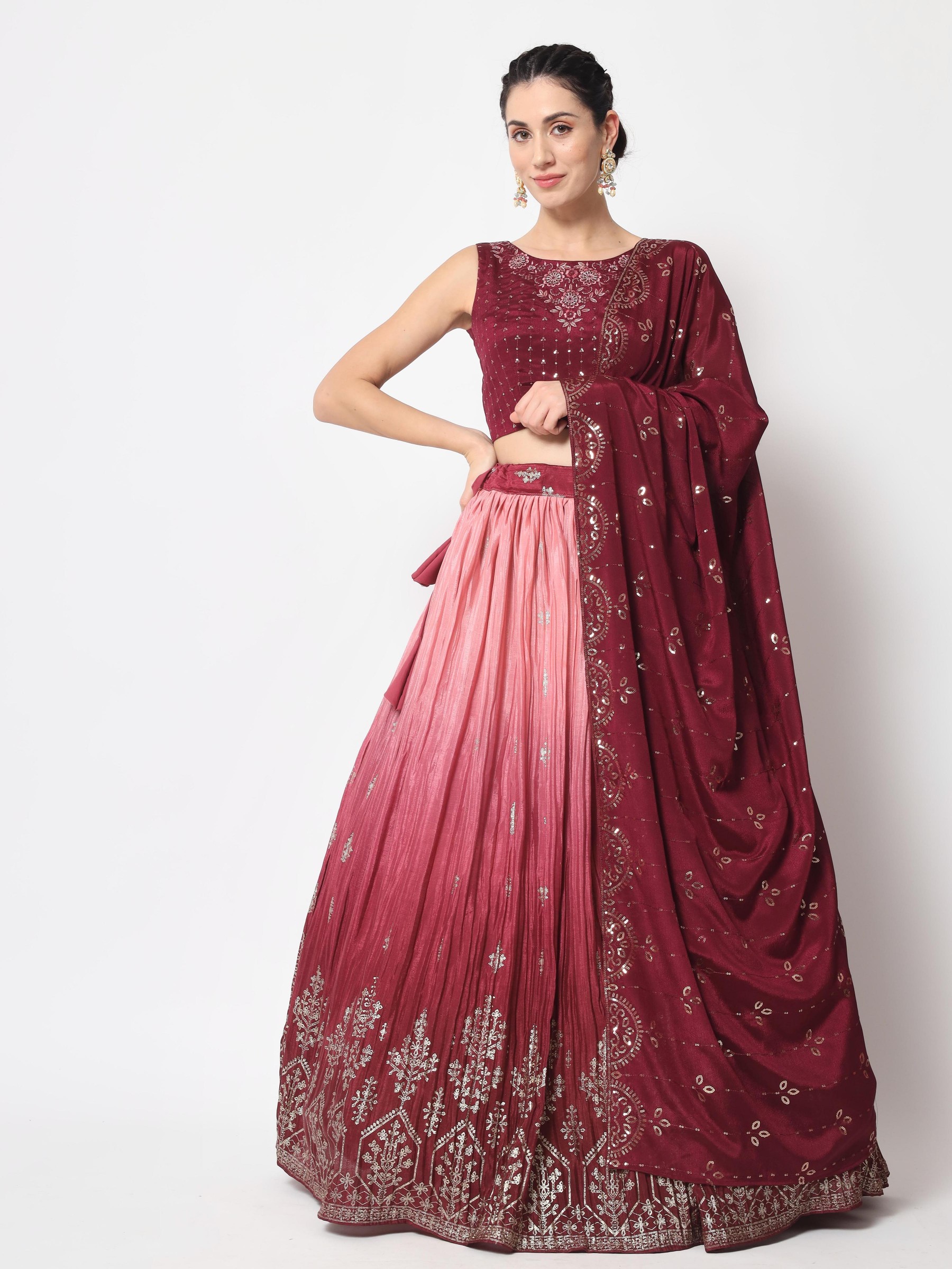 Chinon Silk Fabrics Party Wear Lehenga in Maroon Color With Embroidery  
