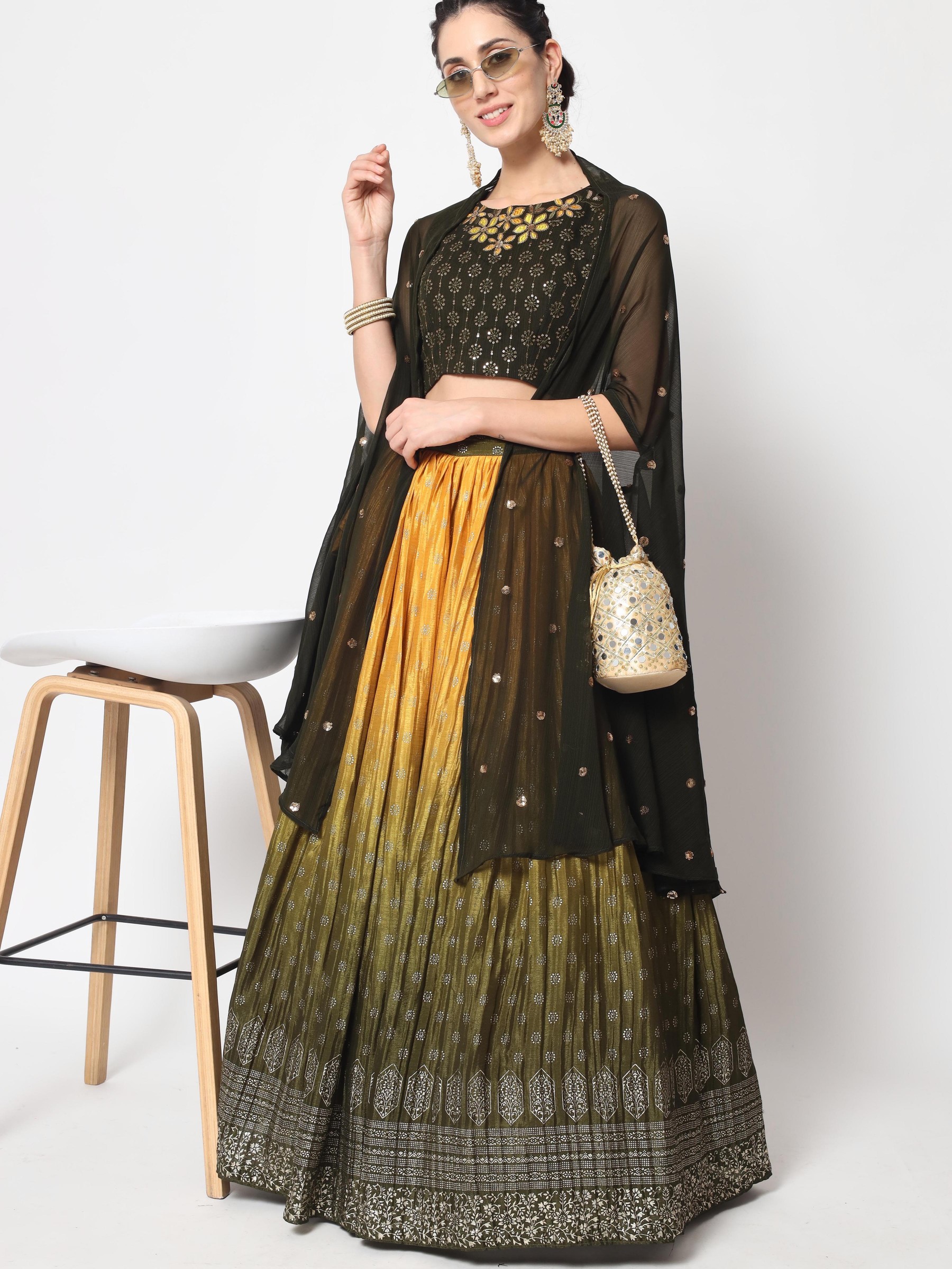 Chinon Silk Fabrics Party Wear Lehenga in Olive Green  Color With Embroidery  