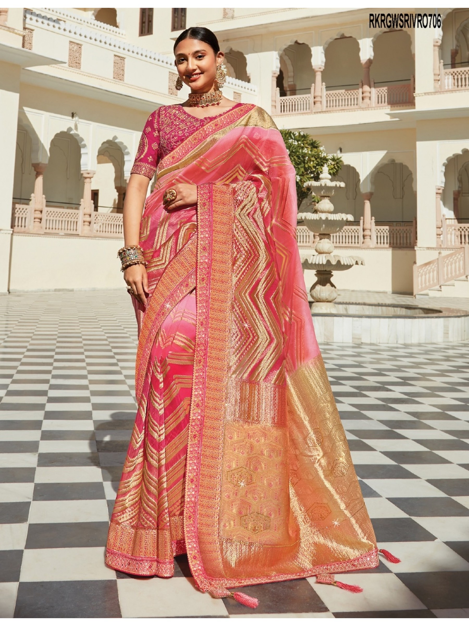 Organza Saree In Pink Color With Embroidery Work