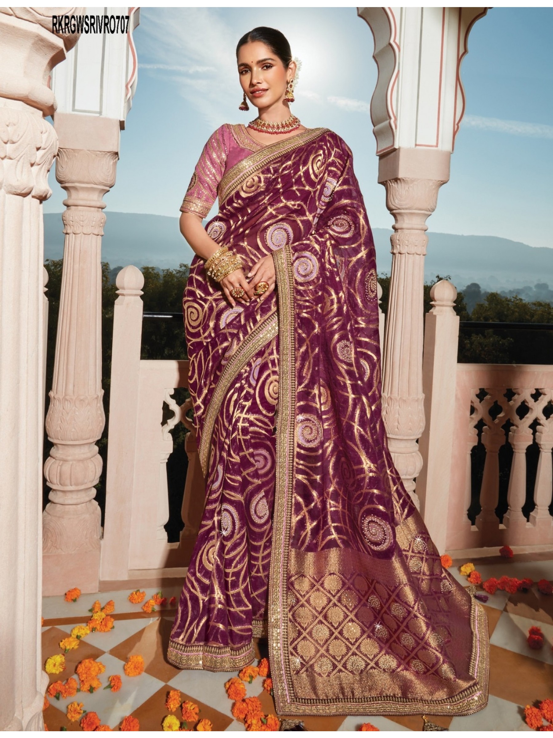 Organza Saree In Wine Color With Embroidery Work