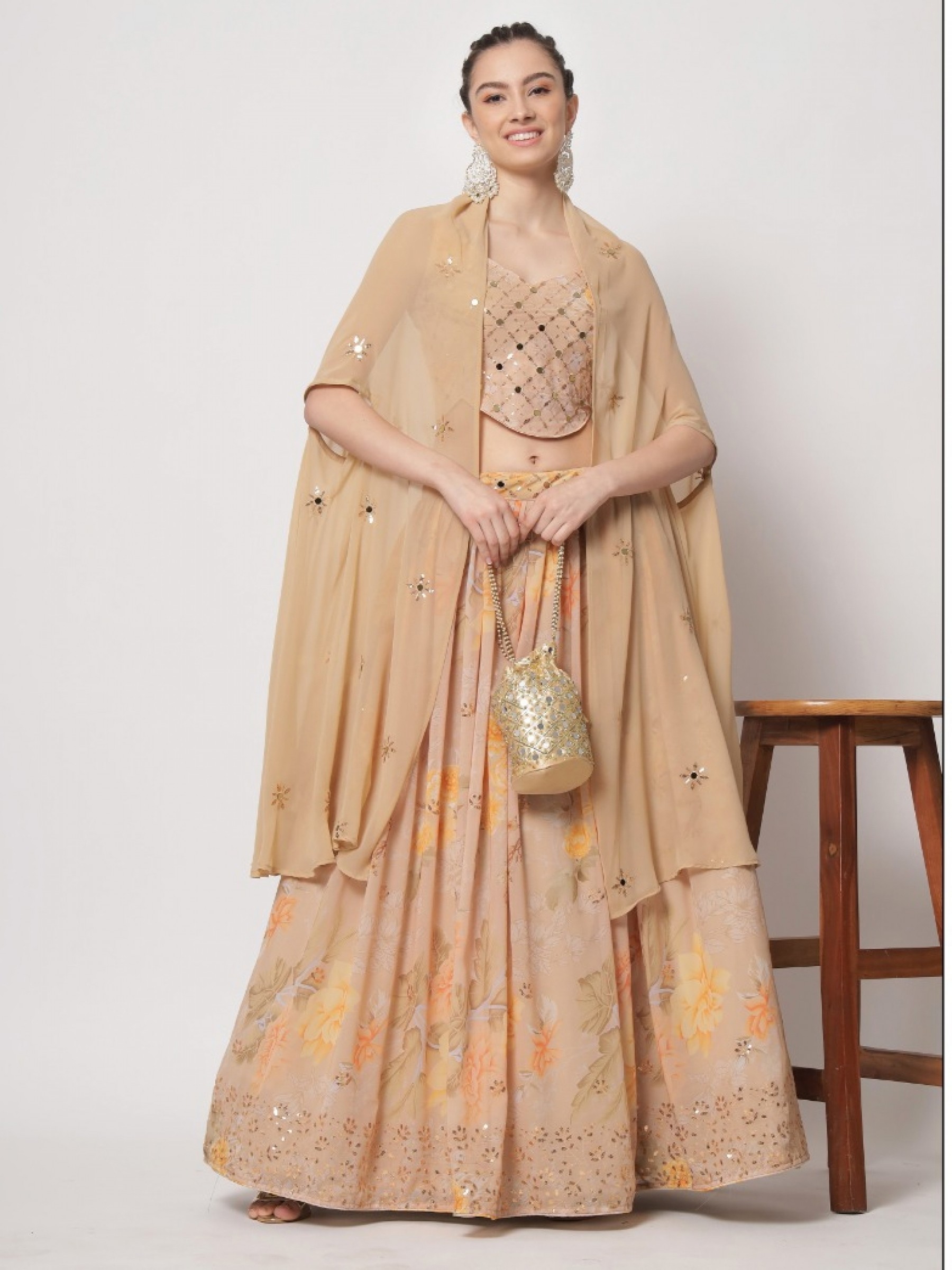 Georgette  Party Wear Lehenga In Beige Color With Embroidery Work
