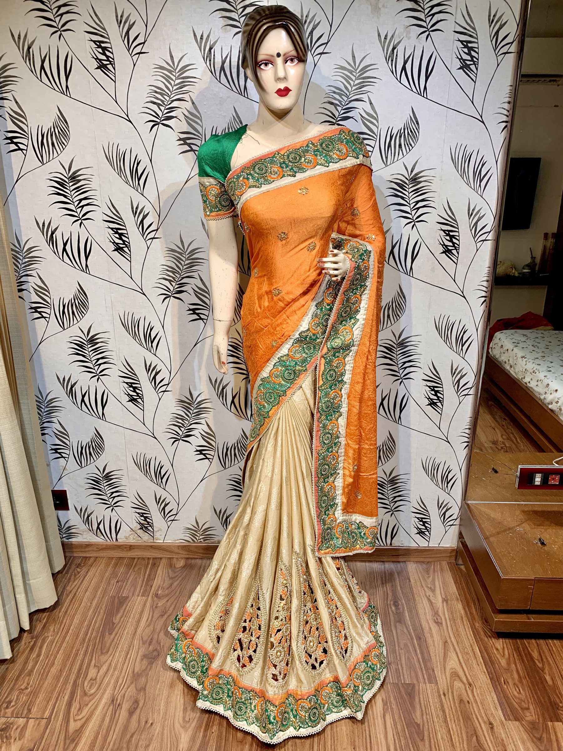 Jacquard  Silk Wedding Wear Saree In Orange Color In Embroidery & Crystal Stone work 