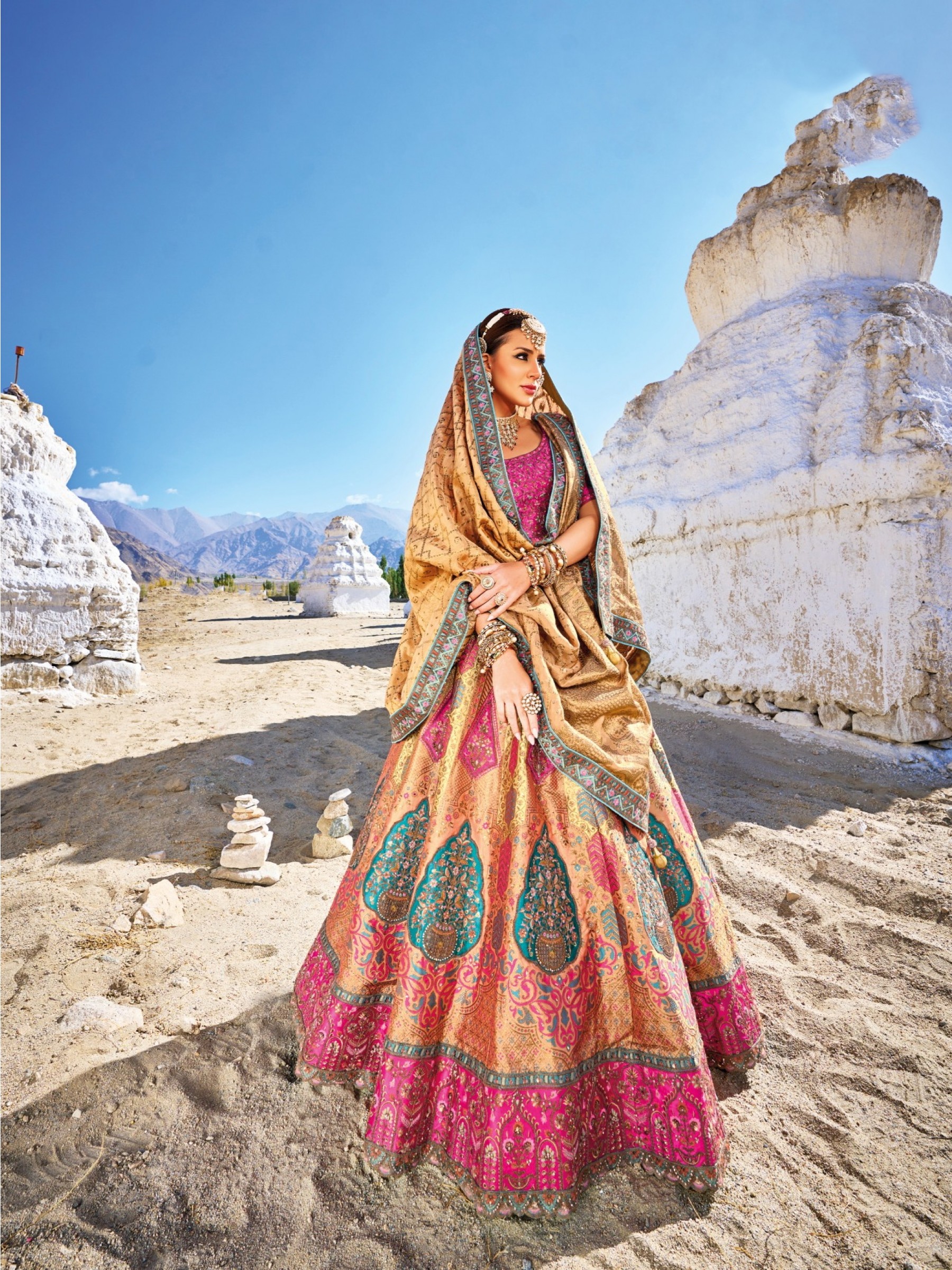 Pure Banarsi Jacquard  Silk Wedding Lehenga in Multi Color With Embroidery work