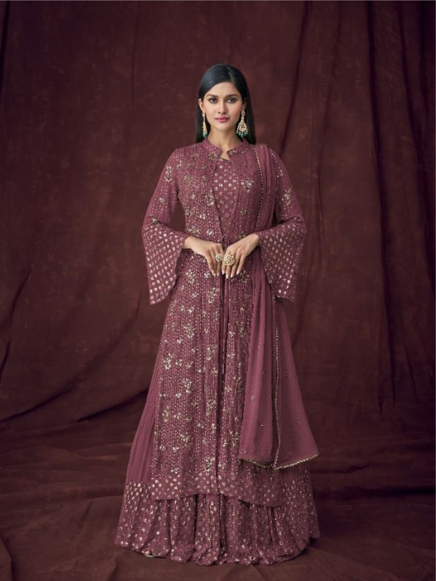 Pure Georgette  Party Wear Readymade Sharara in Wine Color with  Embroidery Work