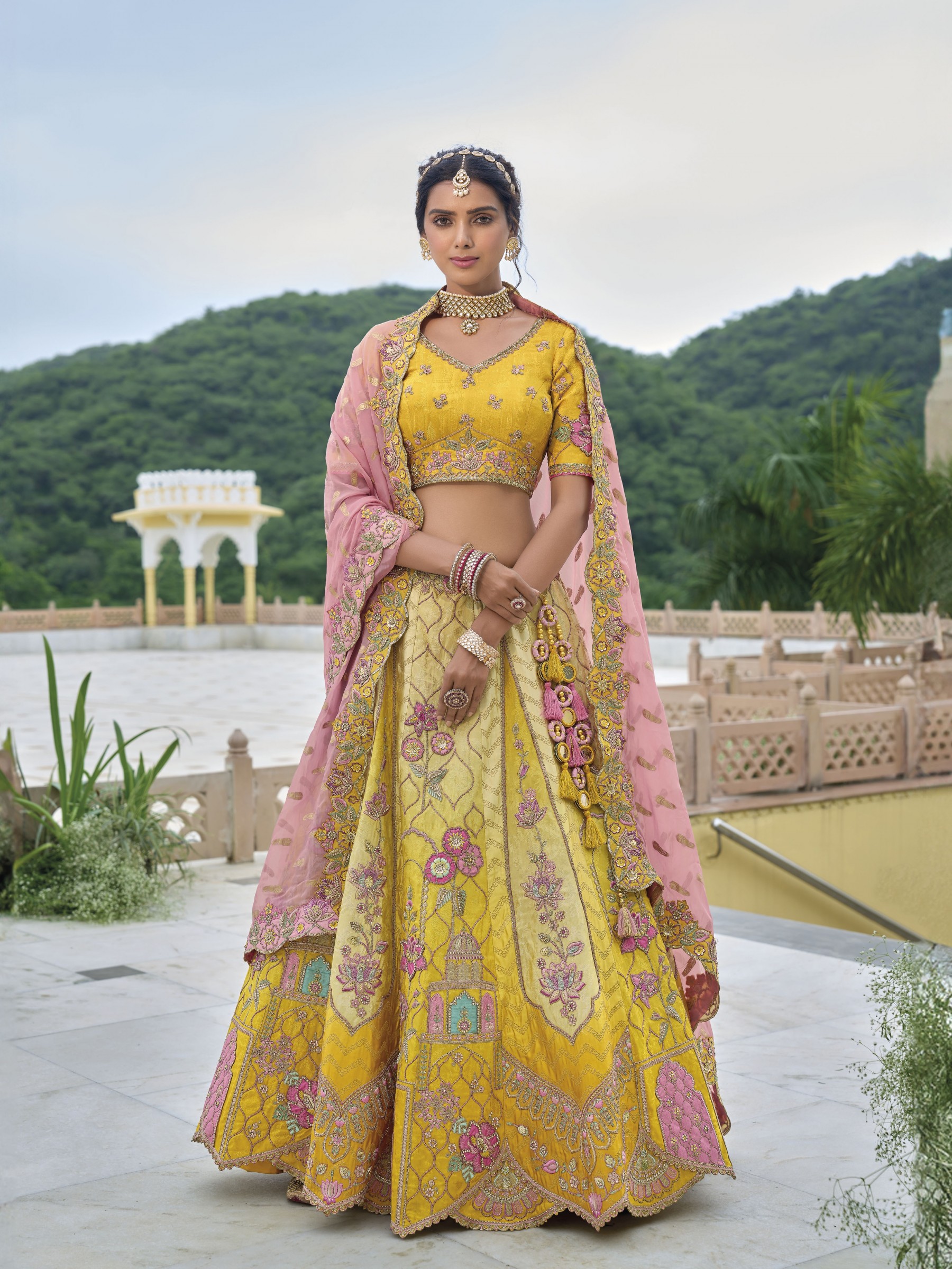 Pure Dola Silk Wedding Lehenga in Yellow Color With Embroidery work