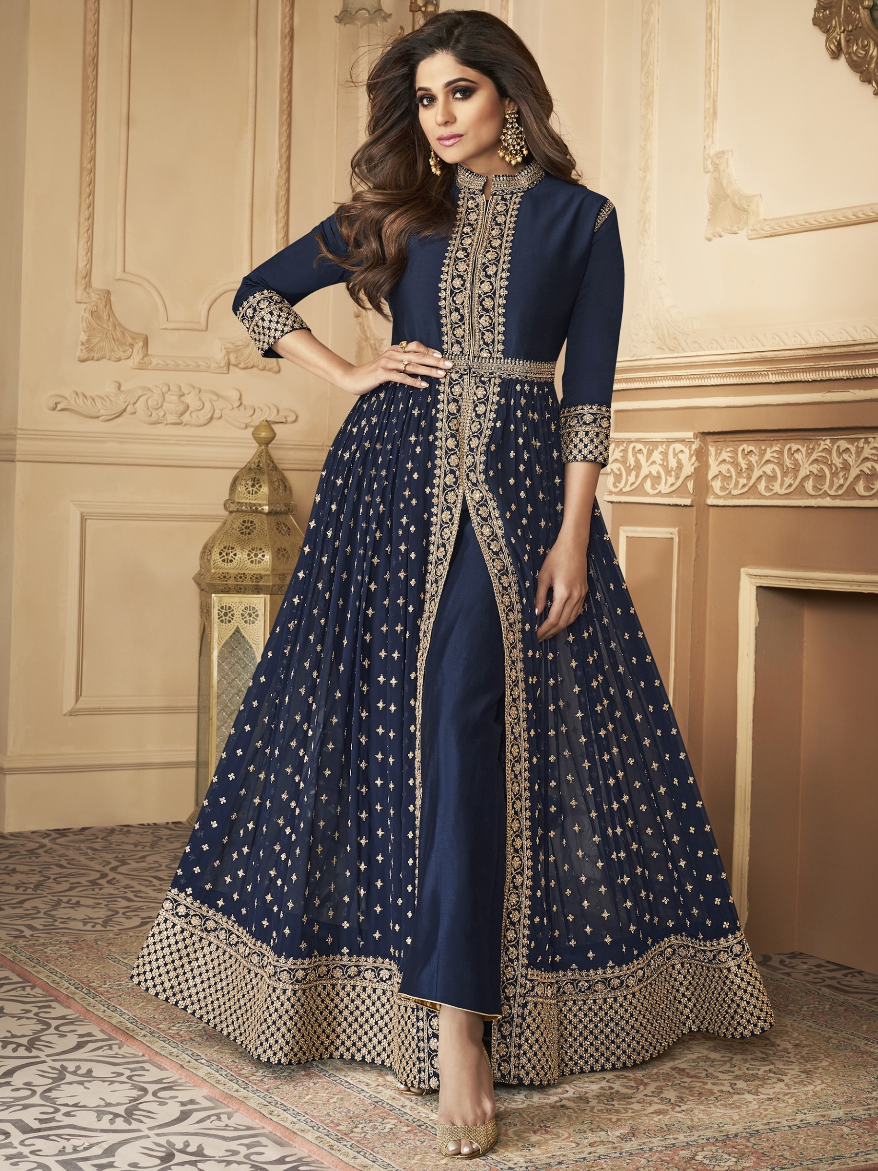 Georgette party Wear Readymade Anarkali Suit In Navy Blue With Embroidery Work