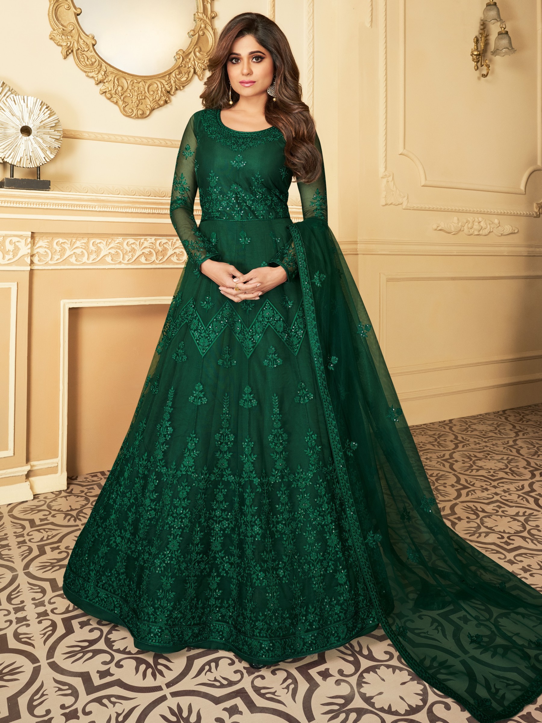 Butterfly net Fabrics Party Wear  Readymade Gown In Green Color With Embroidery Work