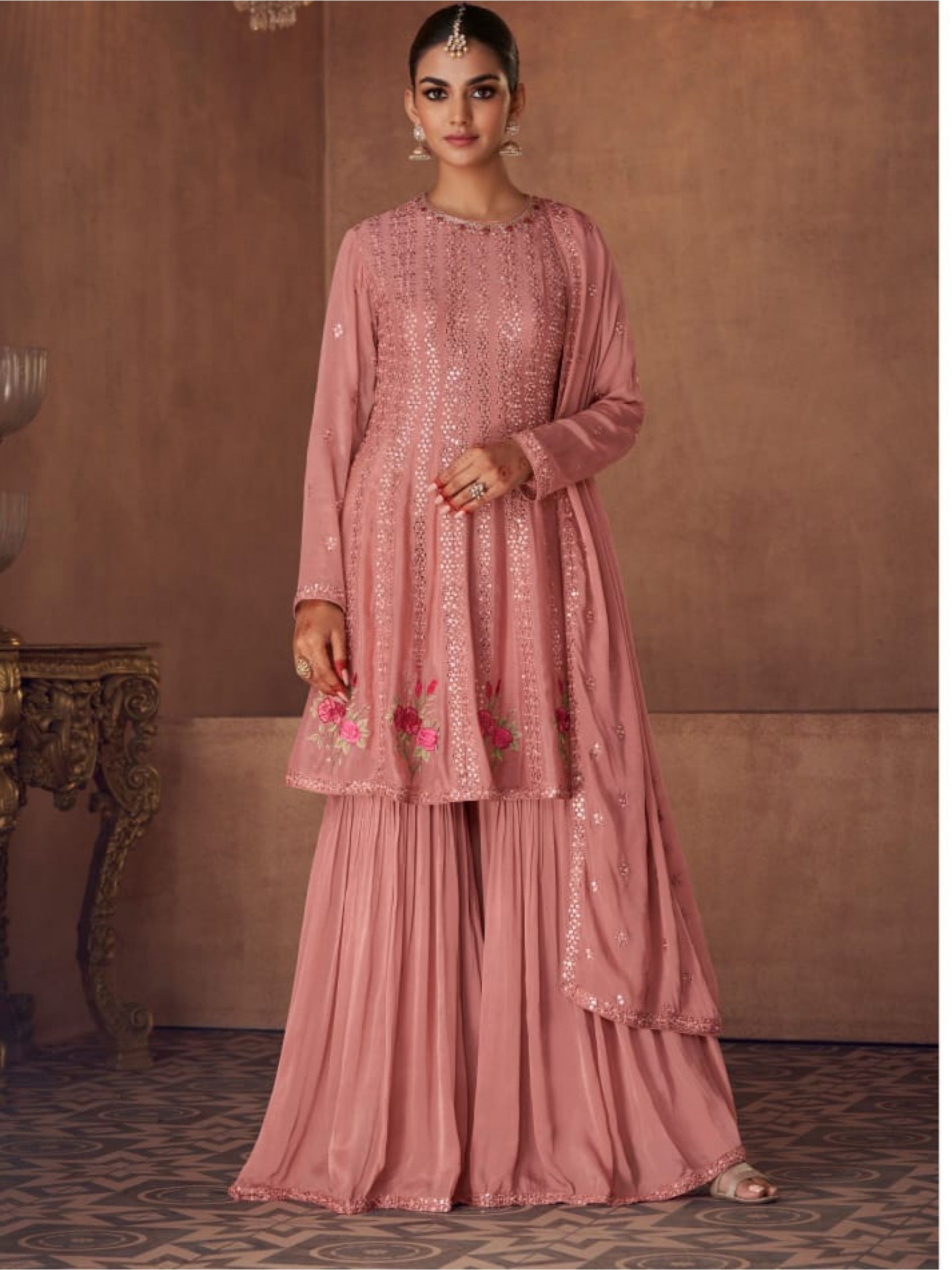 Pure Chinon Party Wear Sharara In Pink With Embroidery Work 