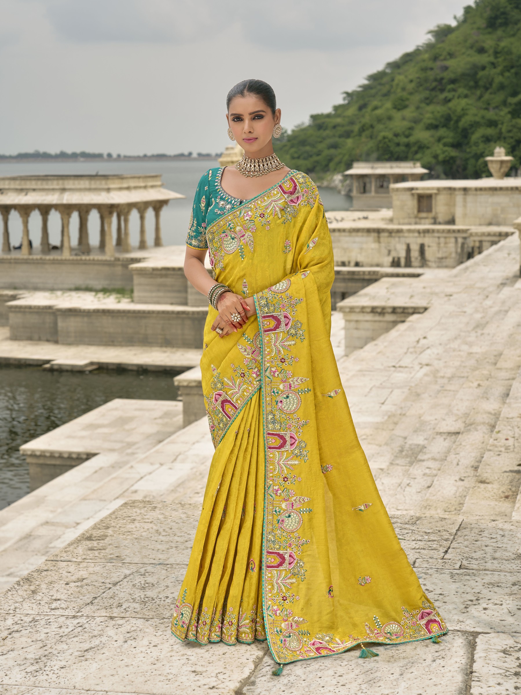 Pure Dola Silk Wedding wear Saree In Yellow Color With Embroidery Work