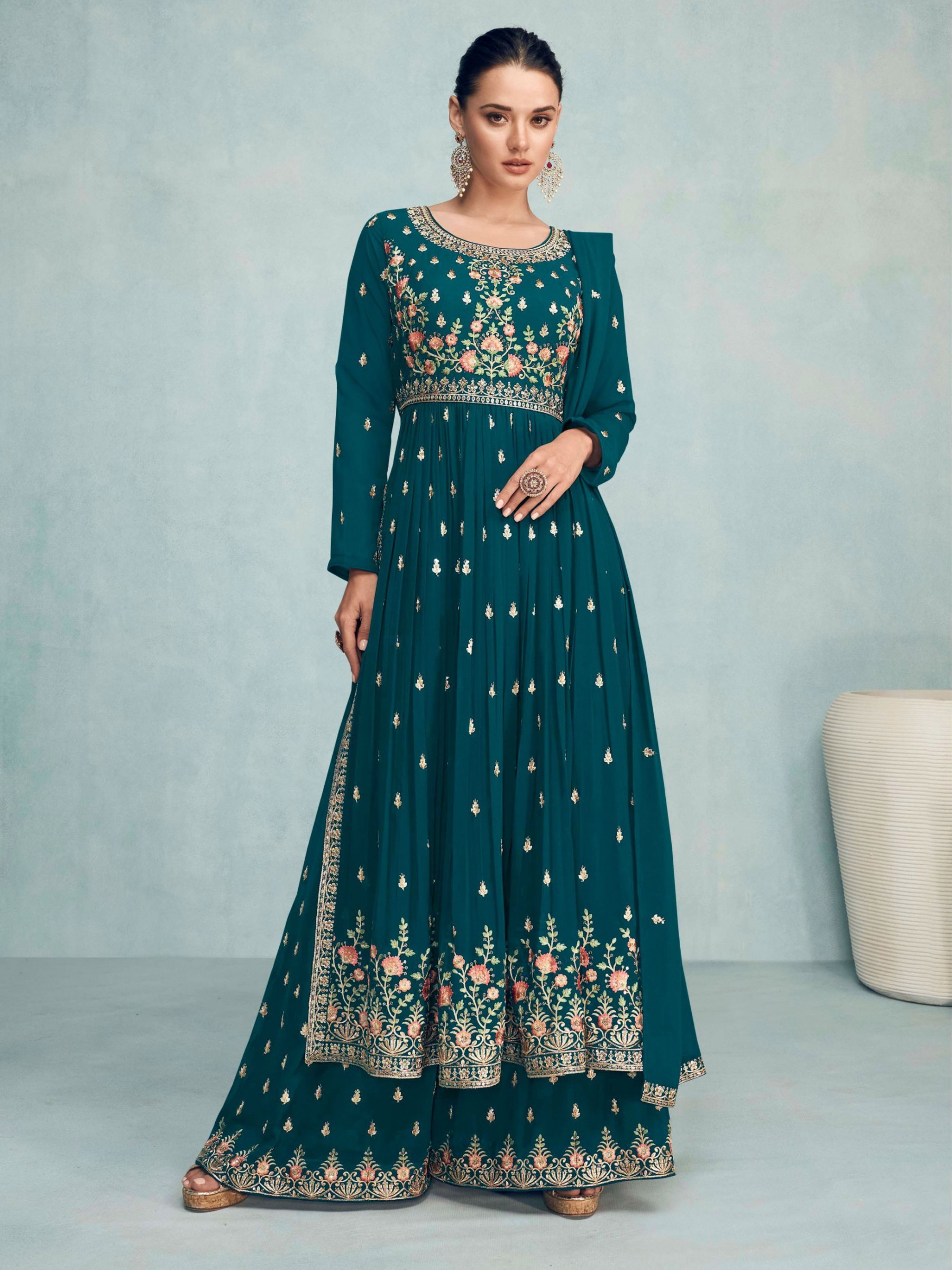 Pure Georgette  Party Wear Plazo  in Teal Blue Color with  Embroidery Work