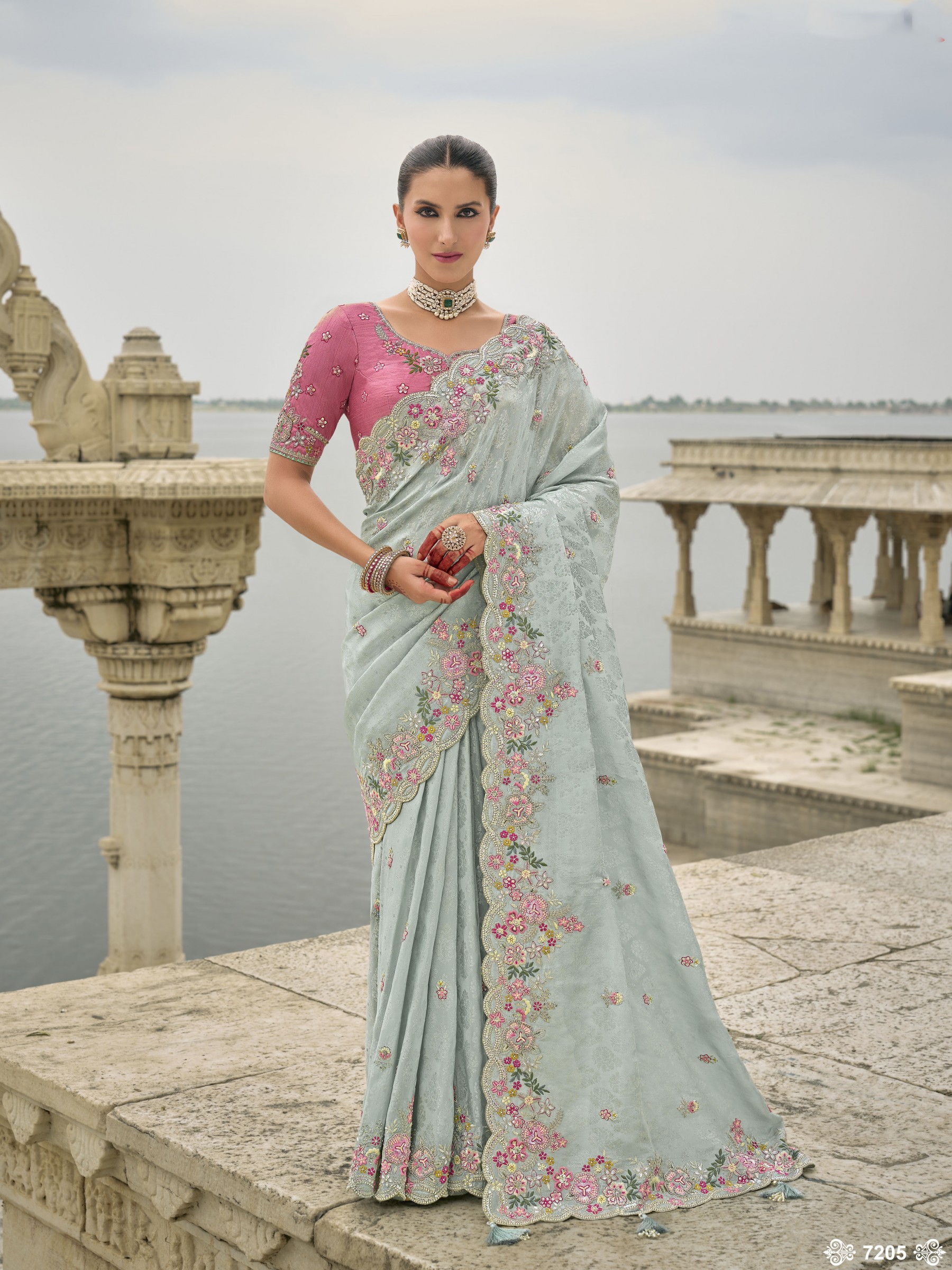 Pure Dola Silk Wedding wear Saree In Sea Blue Color With Embroidery Work