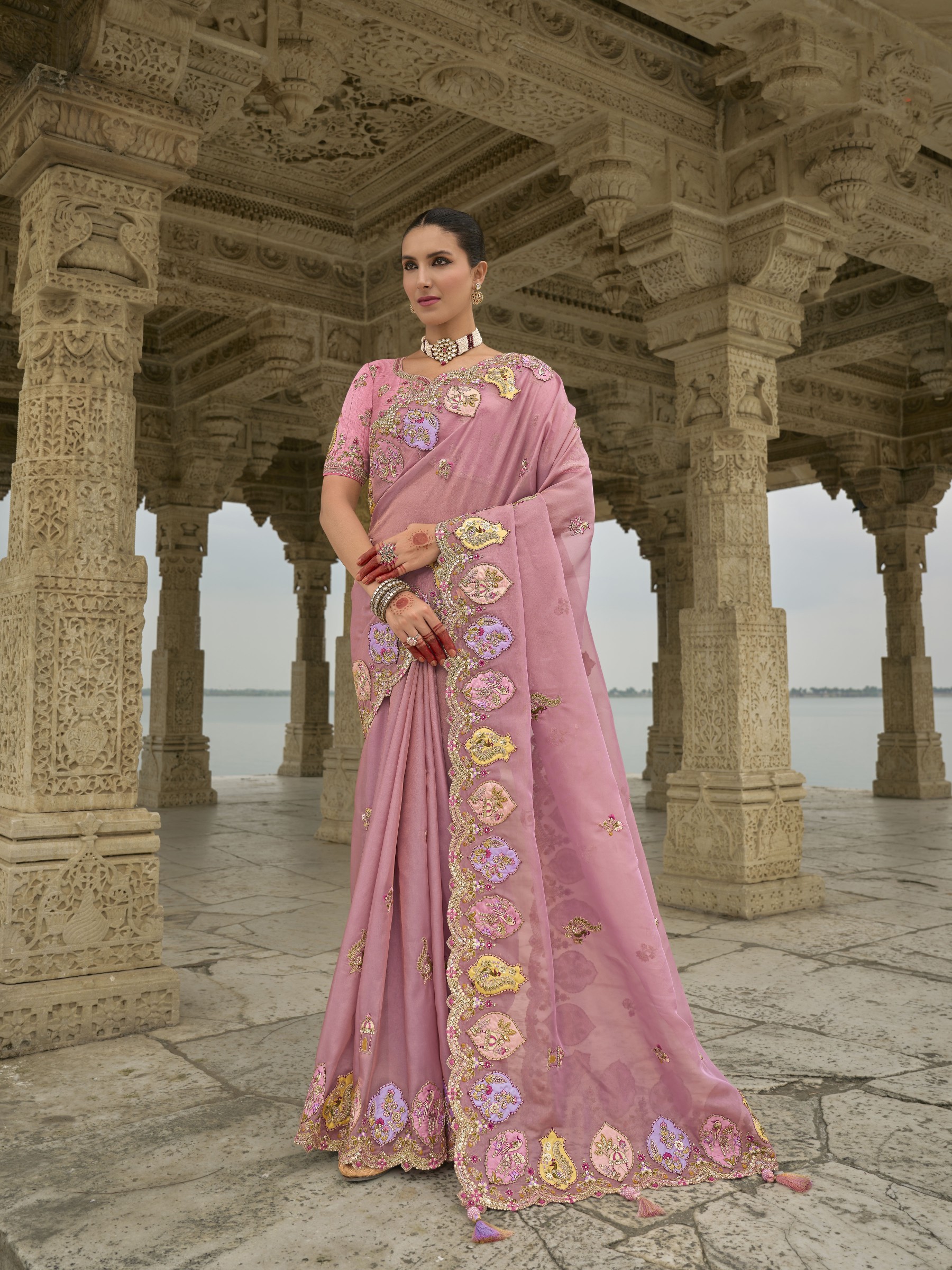 Pure Dola Silk Wedding wear Saree In Pink Color With Embroidery Work