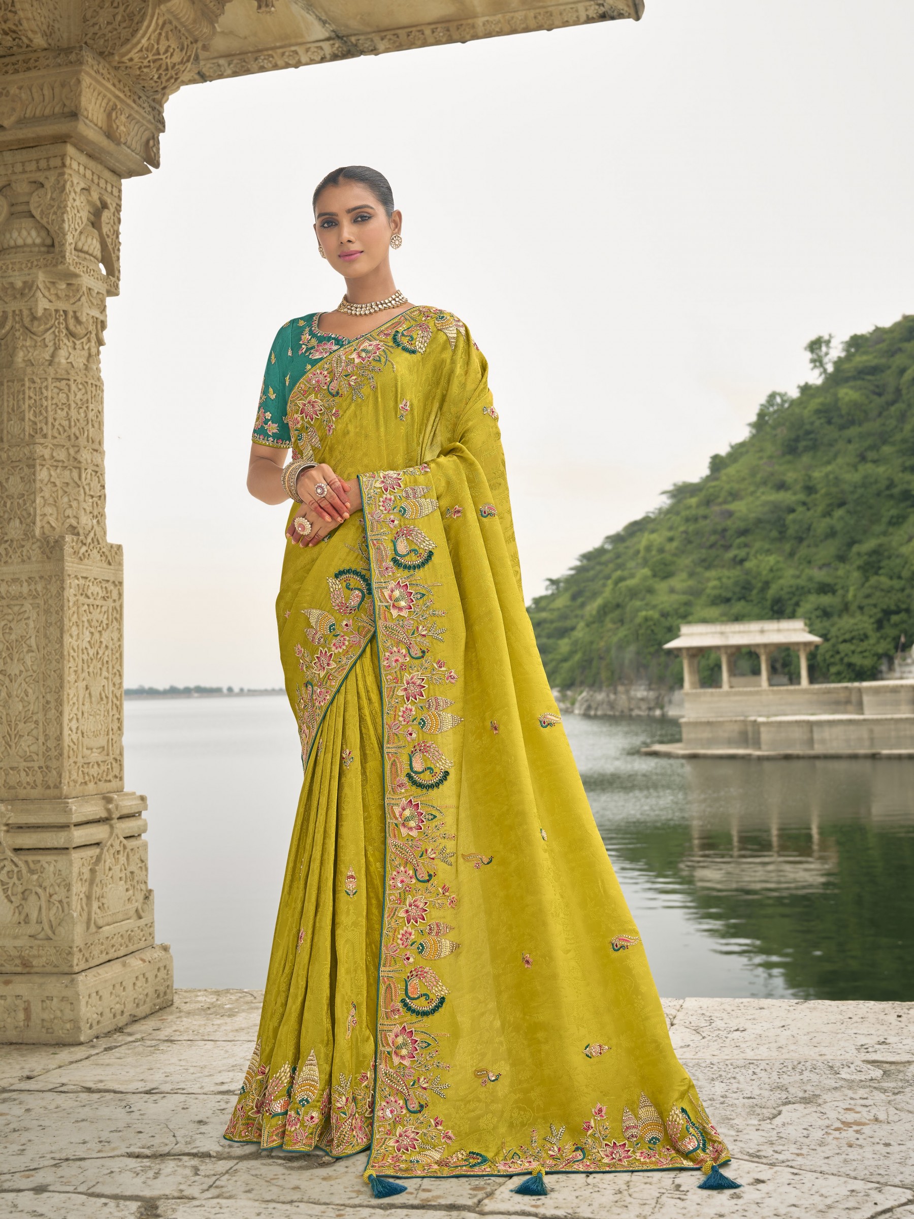 Pure Dola Silk Wedding wear Saree In Lemon Color With Embroidery Work