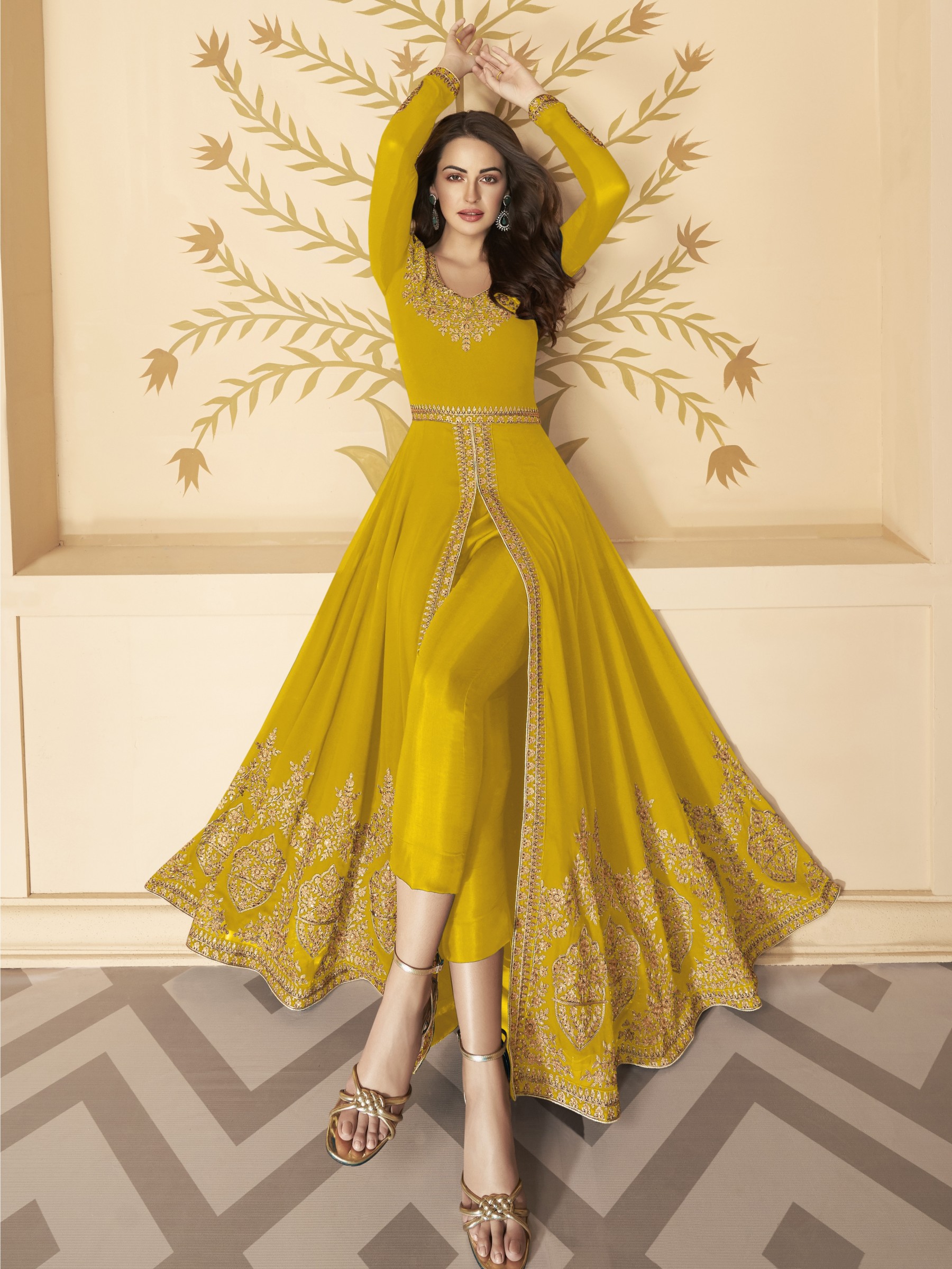 Heavy Real Georgette Party Wear  Gown In Yellow Color With Embrodiery Work