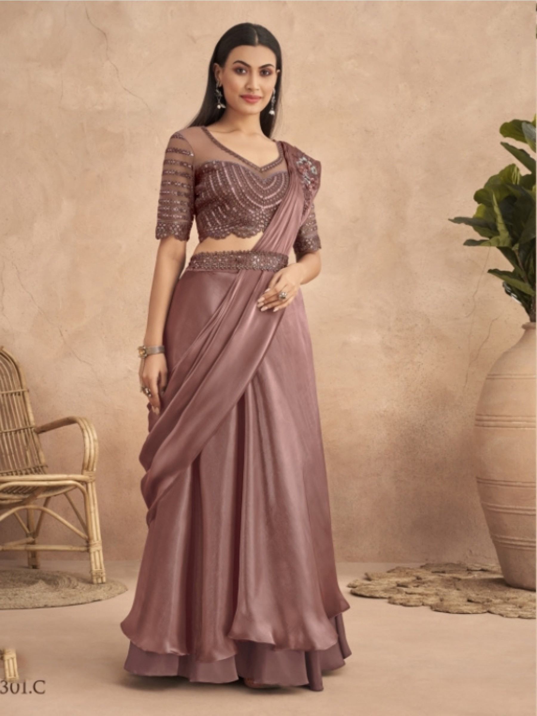 Fancy Silk  Ready To Wear Saree  Dusty Pink Color With Embroidery Work